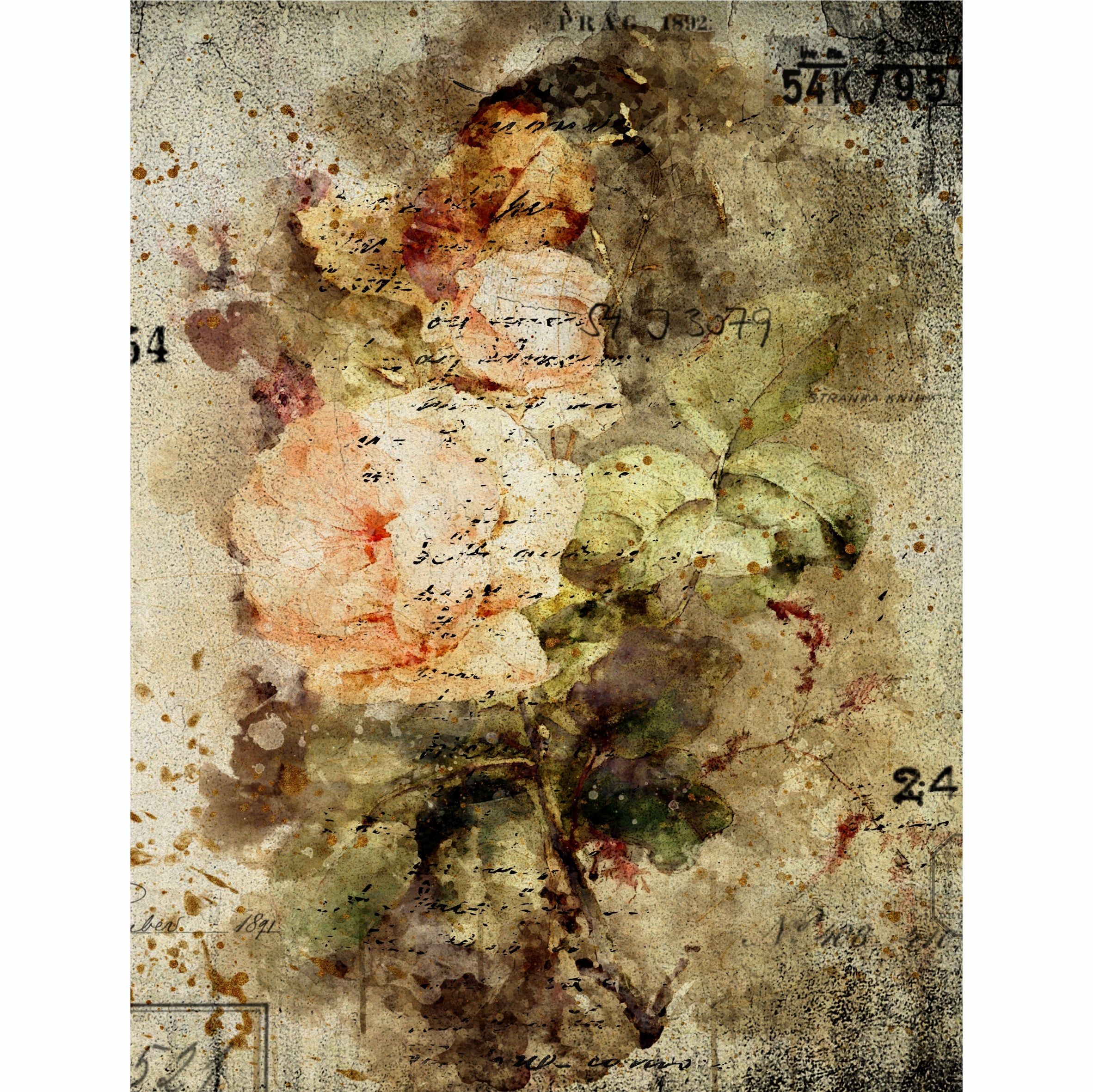 Distressed Bouquet Rice Paper- 6 x Printed Mulberry Paper Images 30gsm