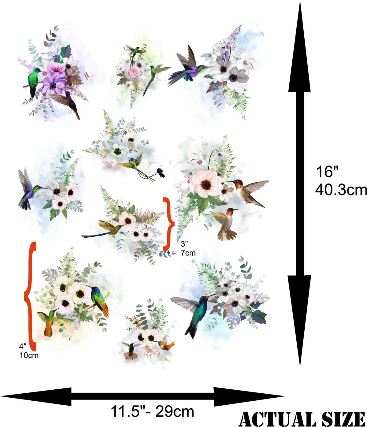 Hummingbird Rice Paper, 29.21 x 40.64 cm - 10 Unique Bouquet Images Printed on 36gsm Mulberry Paper Visible Fibres for Decoupage Furniture Renovation Crafts.