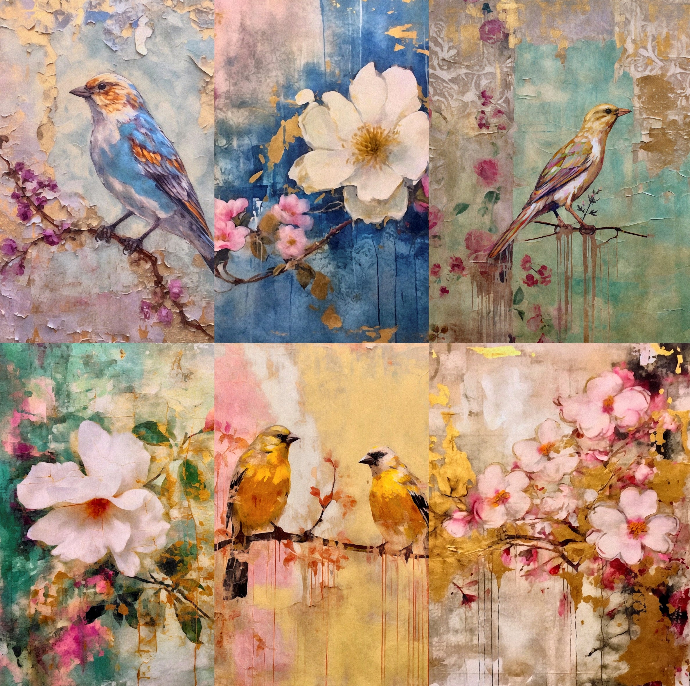 Distressed Birds Rice Paper- 6 Unique Printed Mulberry Paper Images 30gsm