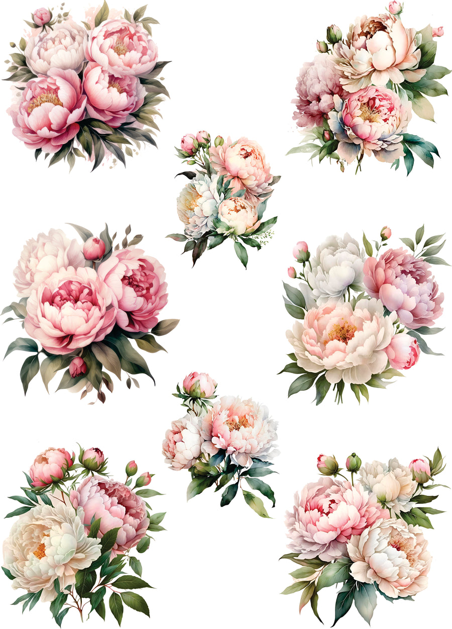 Peony Bouquet Rice Paper- 8 Unique Peony Bouquet Images Printed on 36gsm