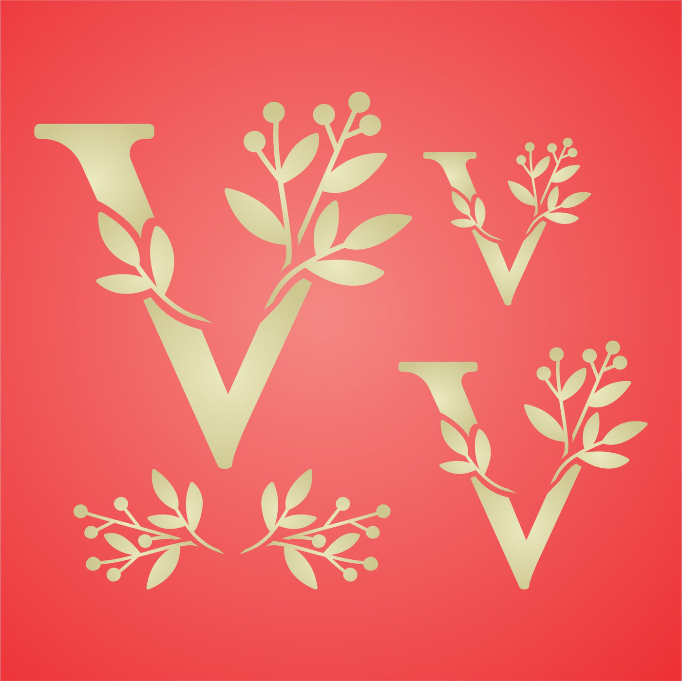 Flower Monogram V Stencil - Leaf Flower Initial 4.5 / 3 / 2 inch on One Sheet