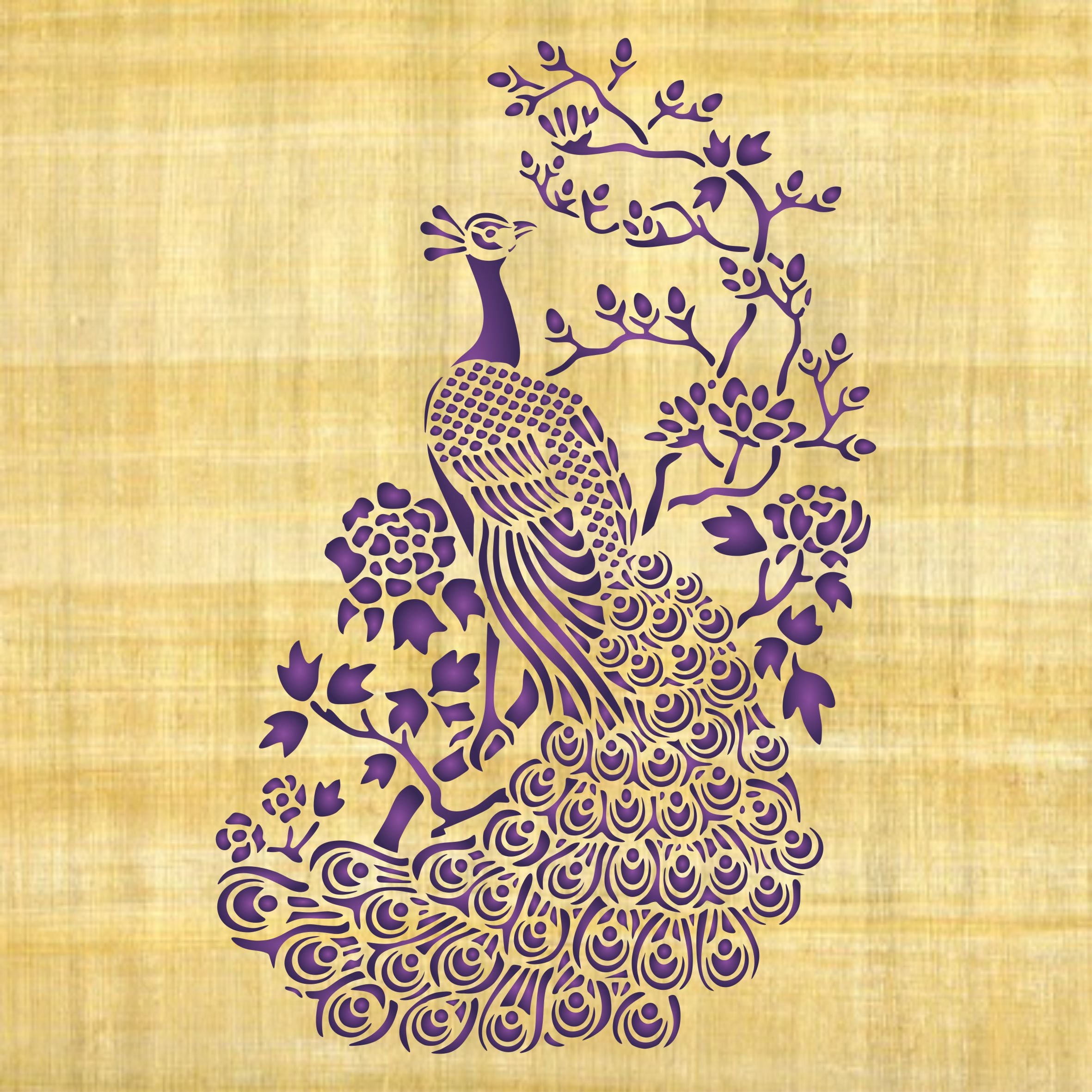 Oriental Peacock Stencil - Asian Peacock Bird and Flowering Tree