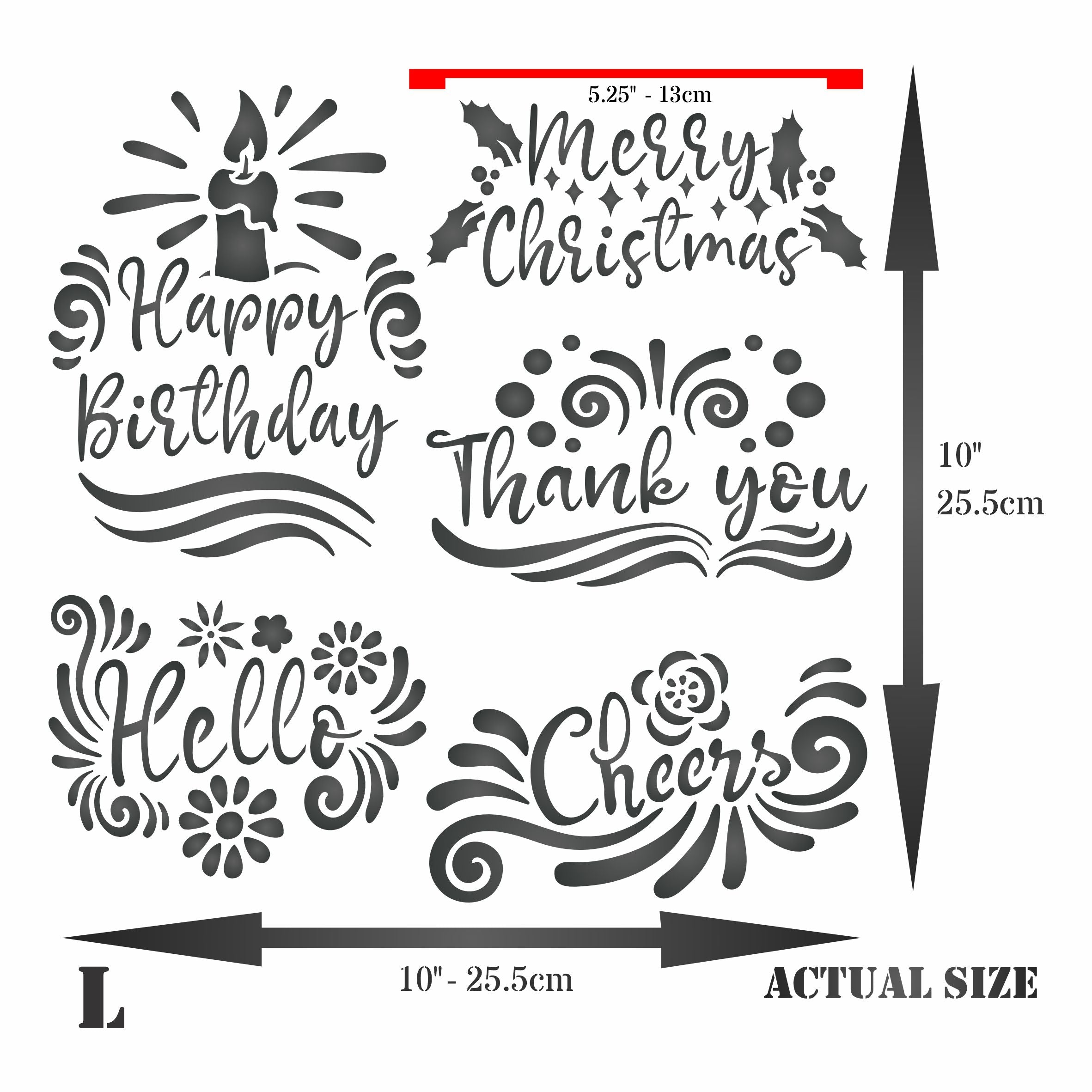 Greetings Stencil - Birthday Christmas Hello Cheers Thank You Greeting