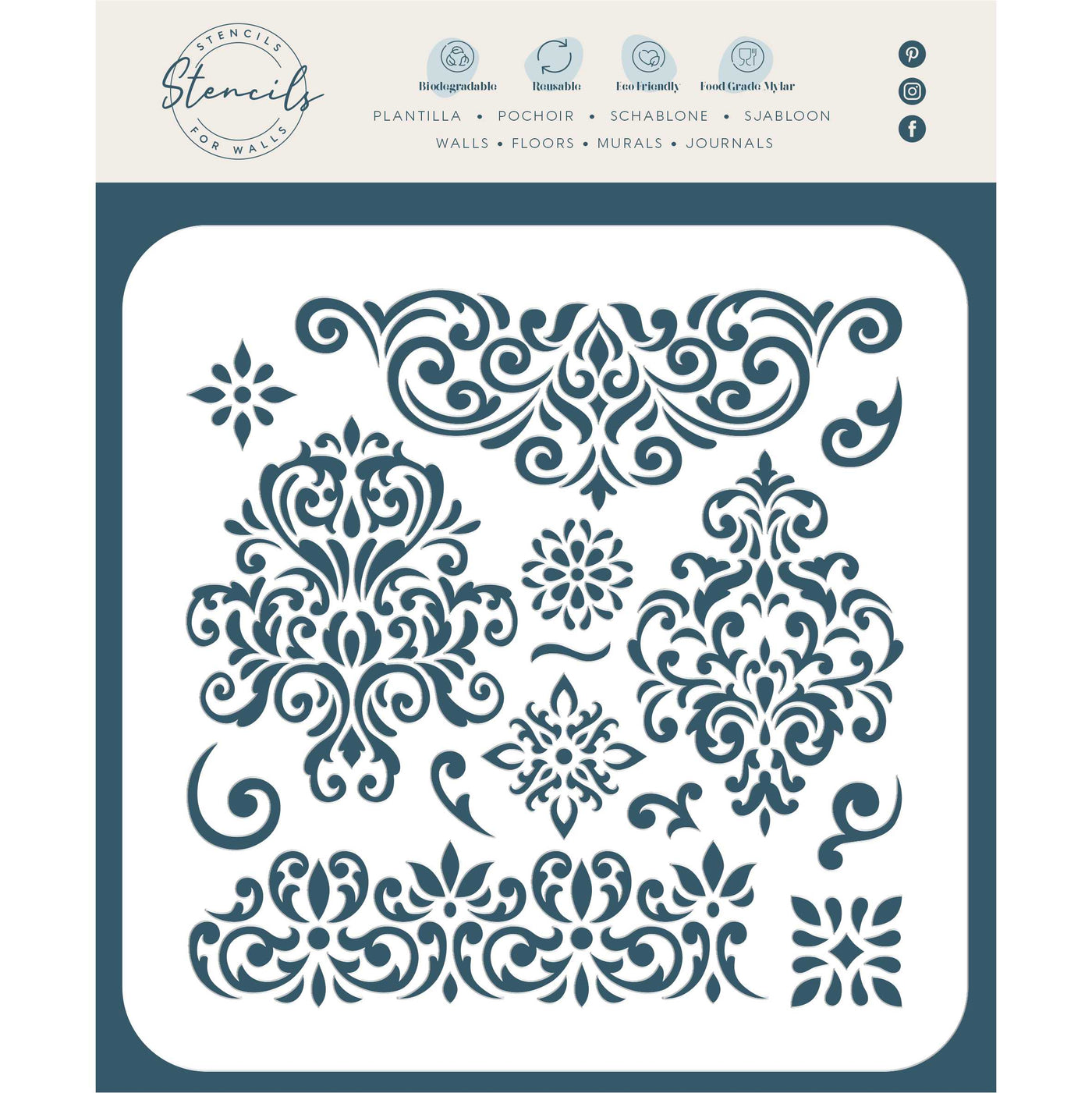 Damask Patterns Stencil - Vintage Flourish Scroll Element Damask Graphic