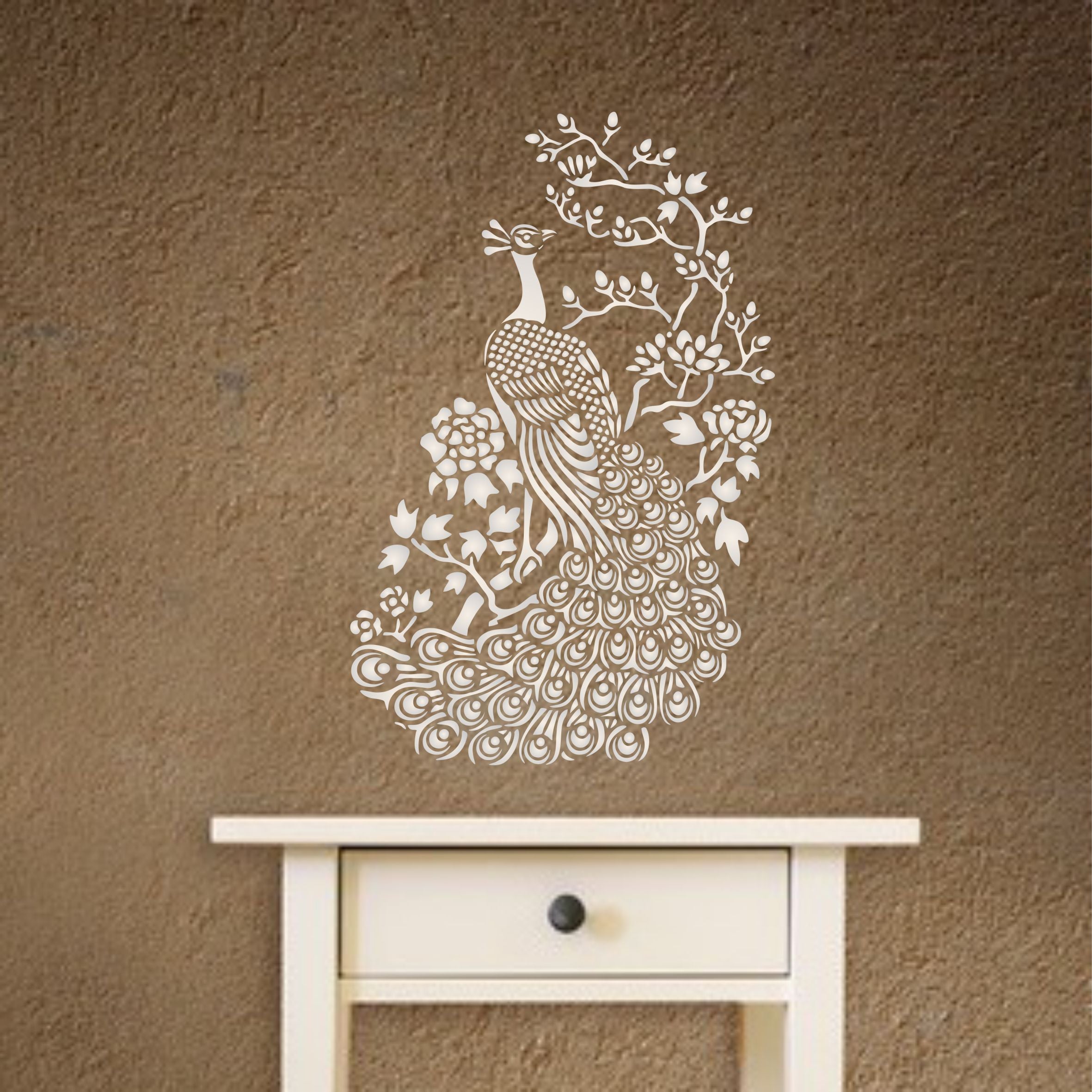 Oriental Peacock Stencil - Asian Peacock Bird and Flowering Tree