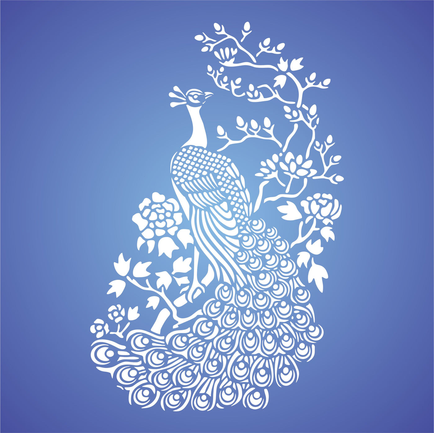 Oriental Peacock Stencil - Asian Peacock Bird and Flowering Tree