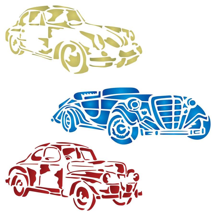 Vintage Cars Stencil - 3 Antique Automobiles