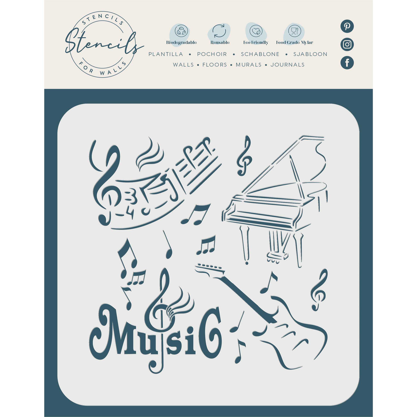 Music Stencil - Mixed Media Piano Guitar Words Musical Notes