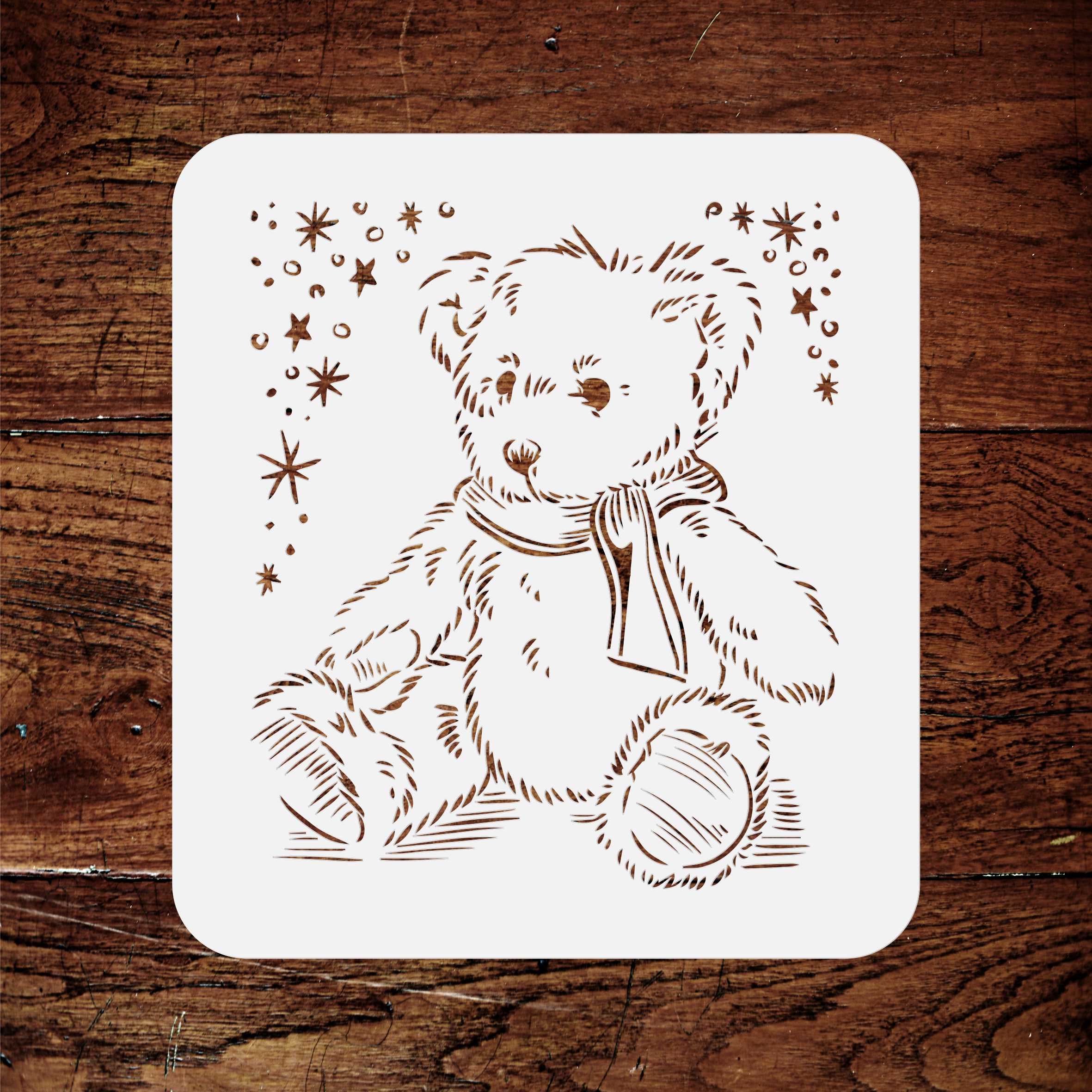 Teddy Bear Stencil - Fluffy Tatty Scruffy Teddy Scarf Stars Kids Childs