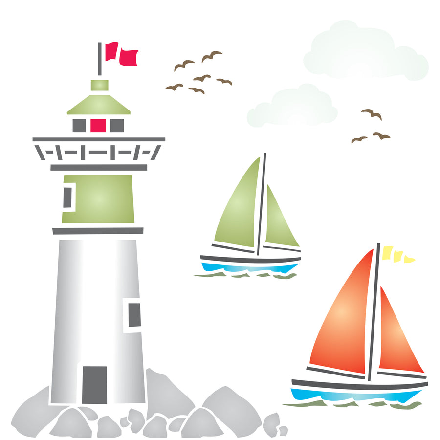 Lighthouse Stencil - Sea Ocean Nautical Sailboat Clouds