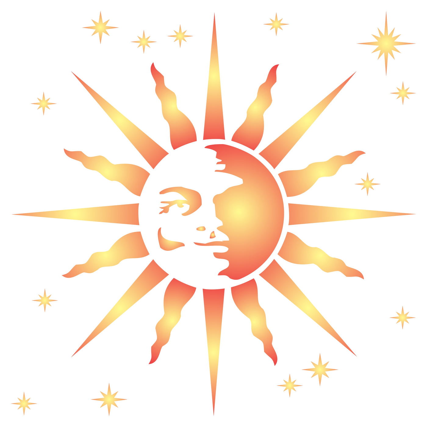 Retro Sun Stencil, 14 x 14 inch - Celestial Sun Face Art Nouveau Deco Style