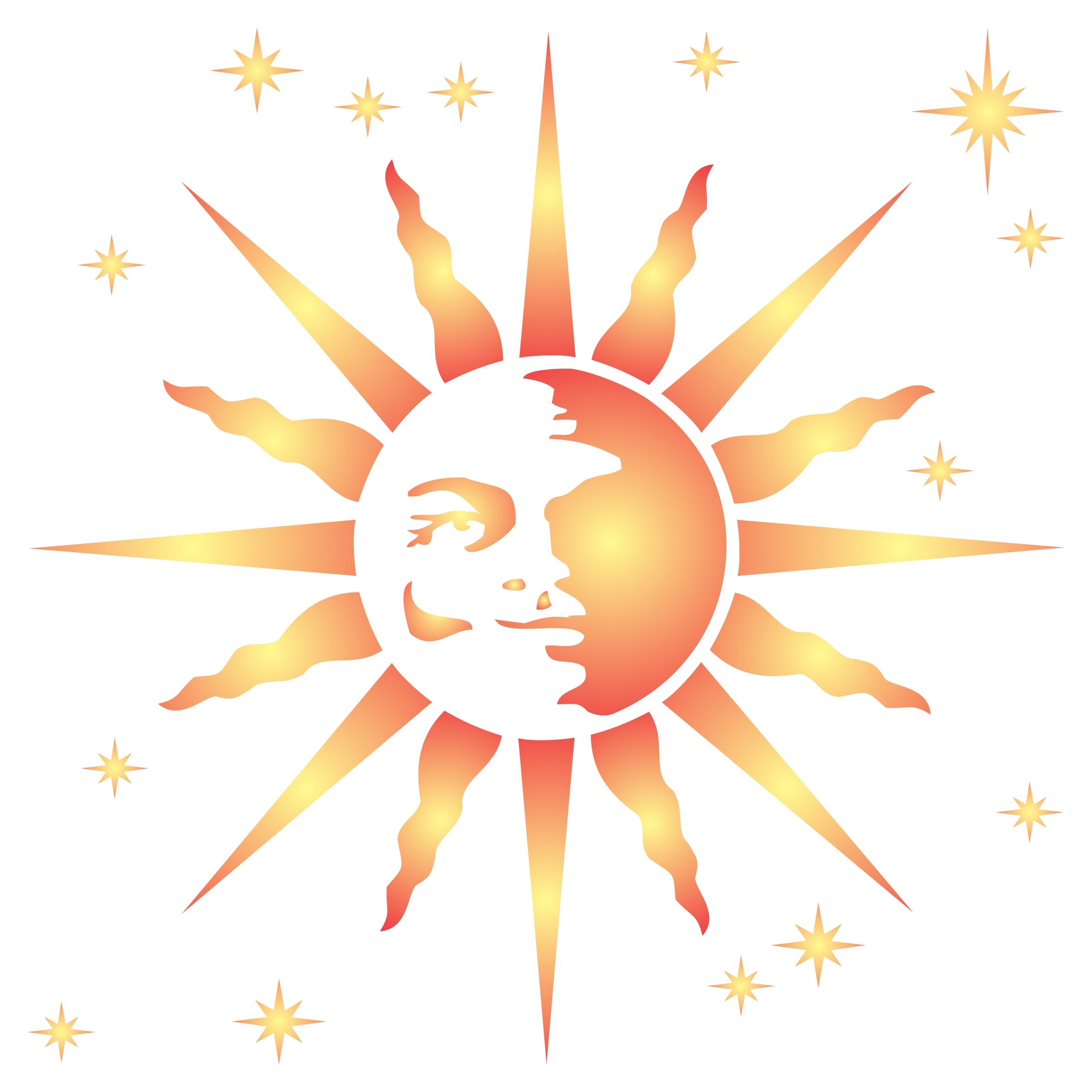 Retro Sun Stencil, 14 x 14 inch - Celestial Sun Face Art Nouveau Deco Style