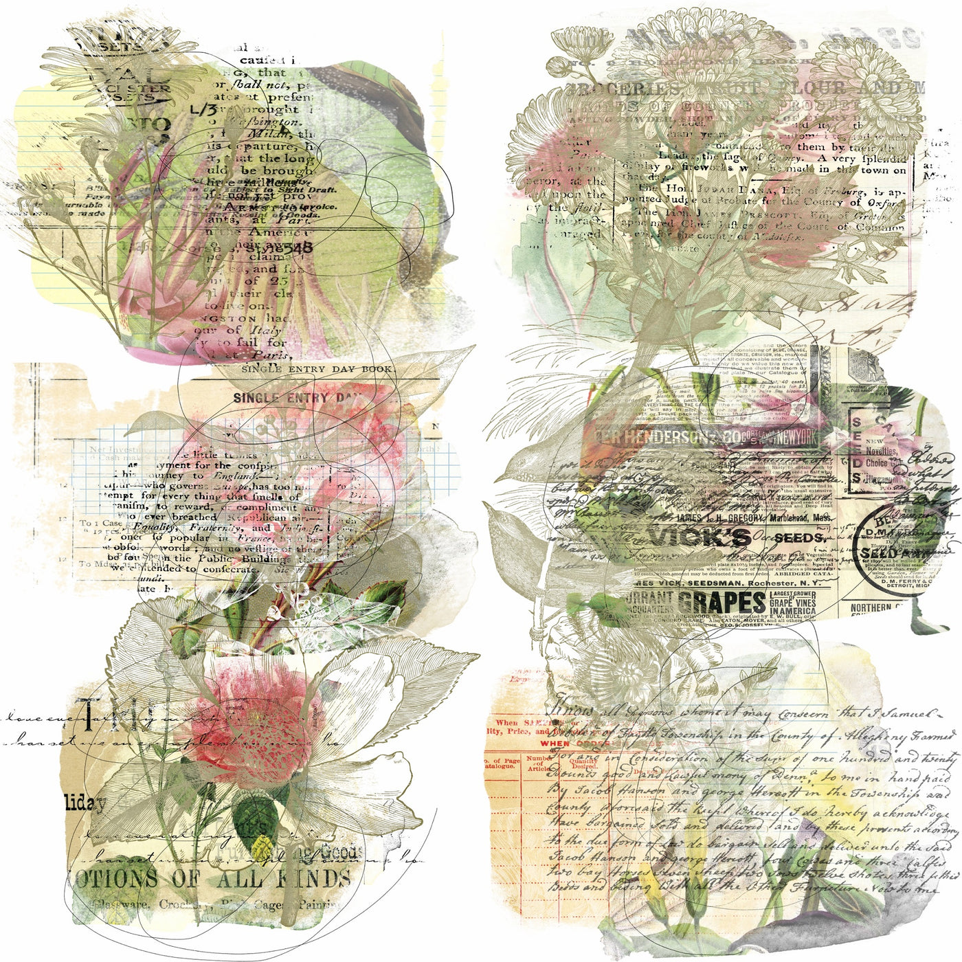 Mixed Media Overlay Rice Paper- 6 x Printed Mulberry Paper Images 30gsm