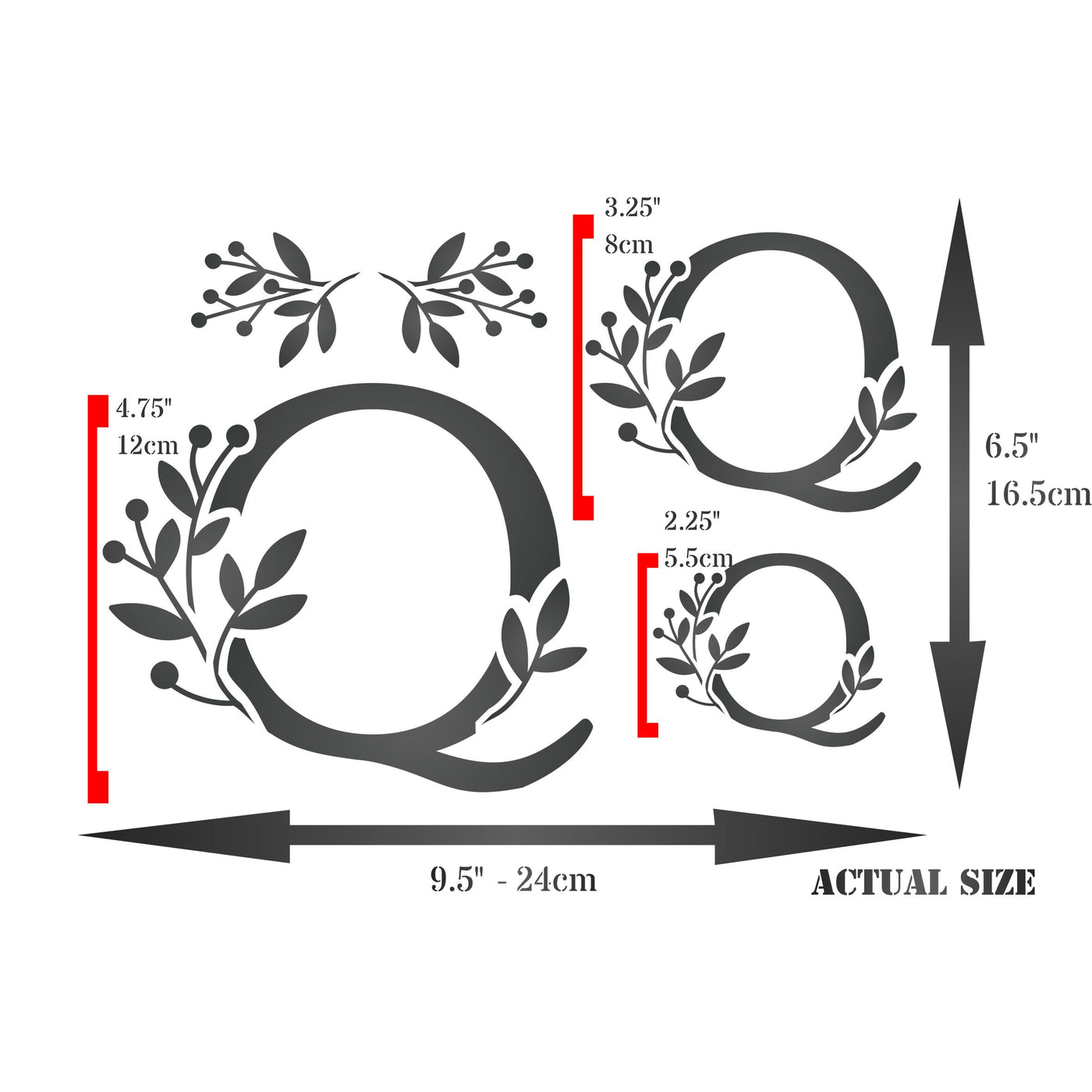 Flower Monogram Q Stencil - Leaf Flower Initial 4.5 / 3 / 2 inch on One Sheet