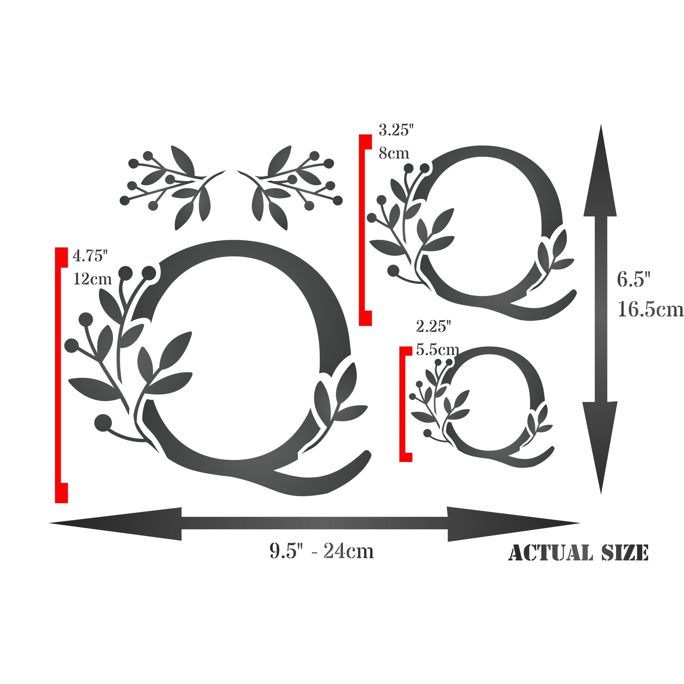 Flower Monogram Q Stencil - Leaf Flower Initial 4.5 / 3 / 2 inch on One Sheet