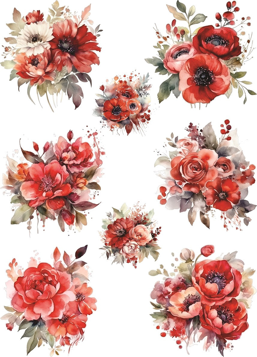 Red Bouquet Rice Paper- 8 Unique Bouquet Images Printed on 36gsm