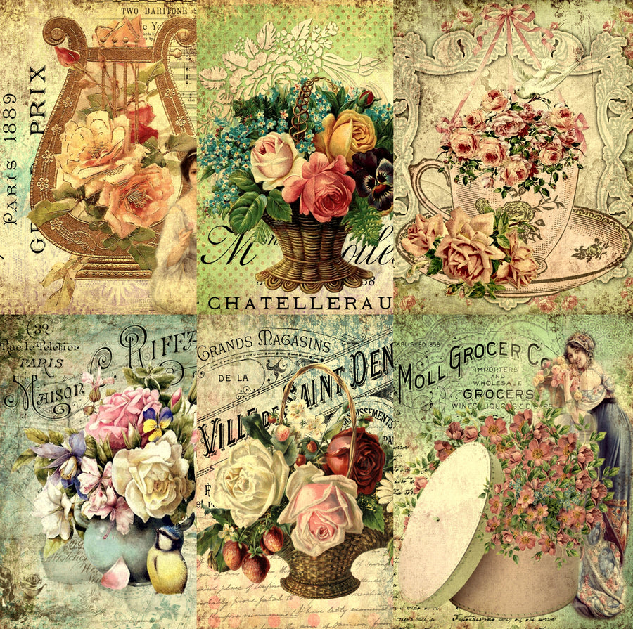 Victorian Decoupage Rice Paper- 6 Unique Printed Mulberry Paper Images 30gsm