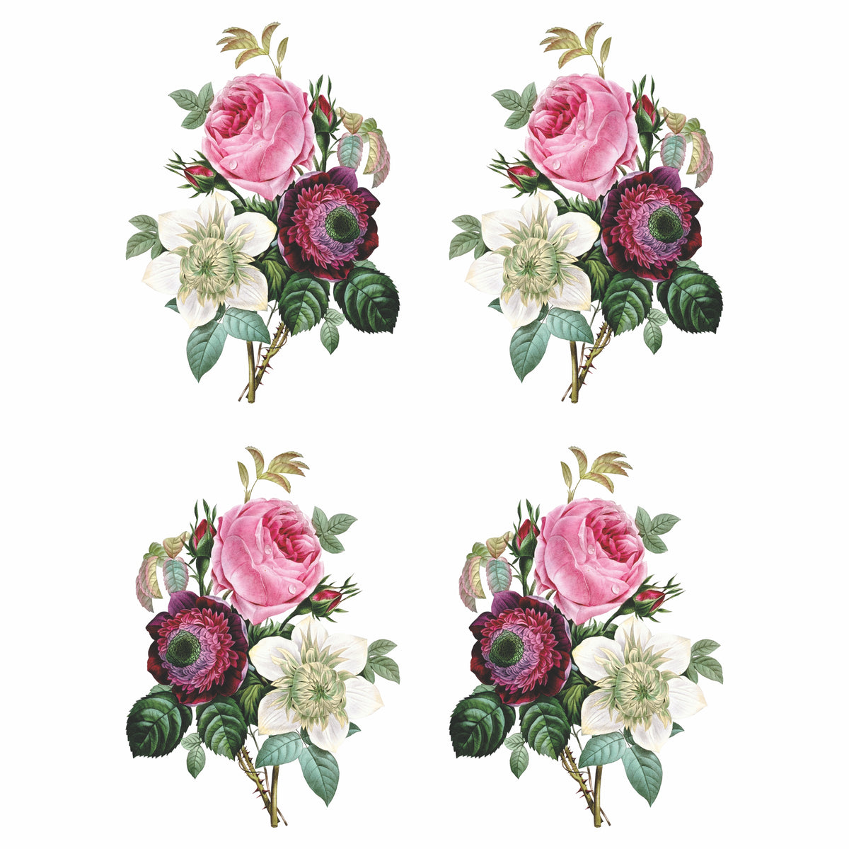 Redoute Roses Bouquet Rice Paper- 6x 1 Bouquet Printed in 2 Sizes on 30gsm