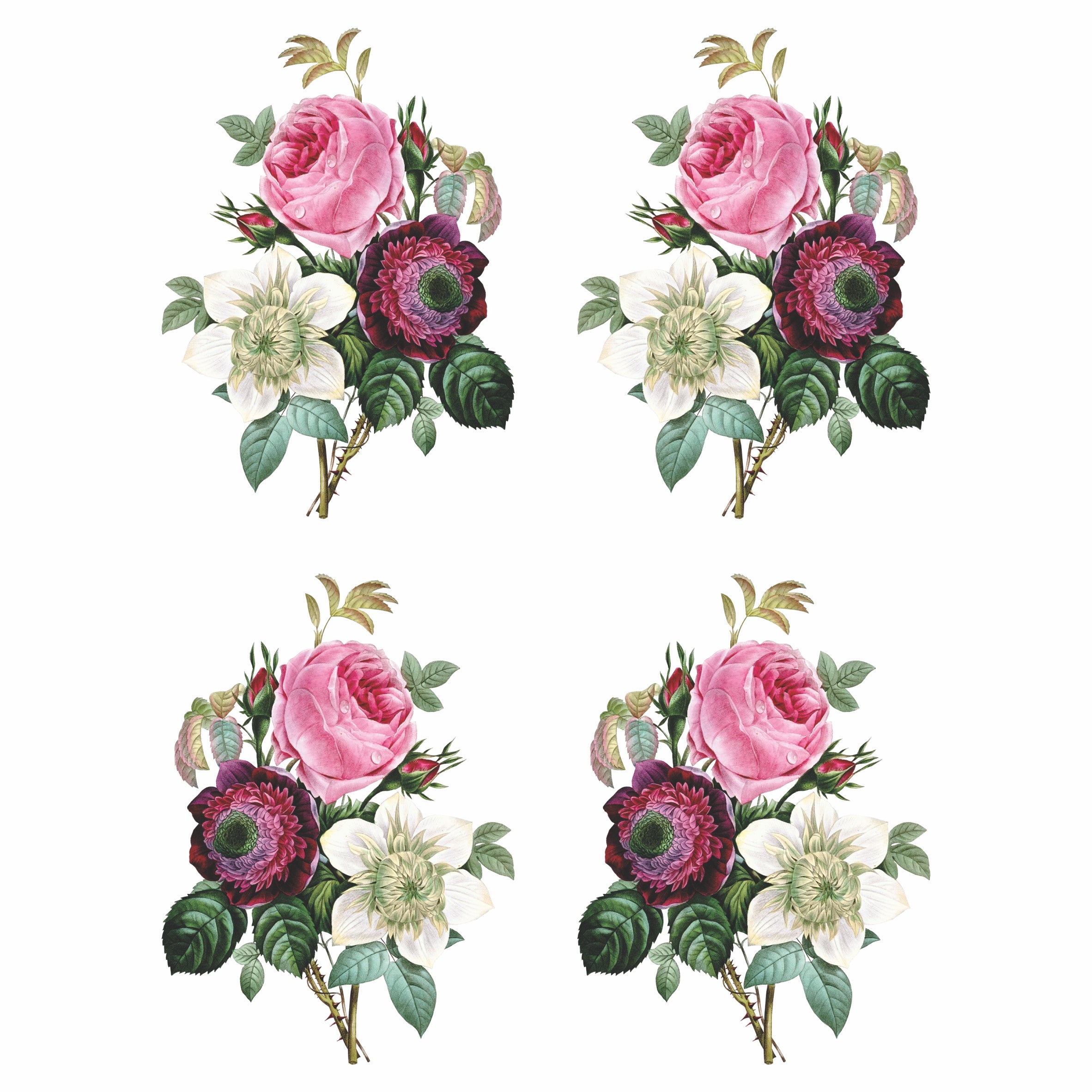 Redoute Roses Bouquet Rice Paper- 6x 1 Bouquet Printed in 2 Sizes on 30gsm