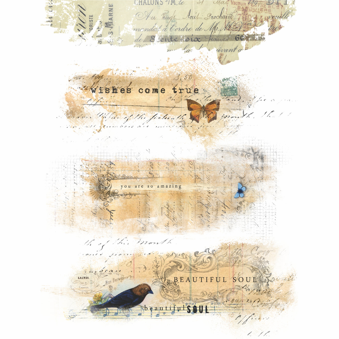 Script Pieces Overlay Rice Paper- 6 x Printed Mulberry Paper Images 30gsm