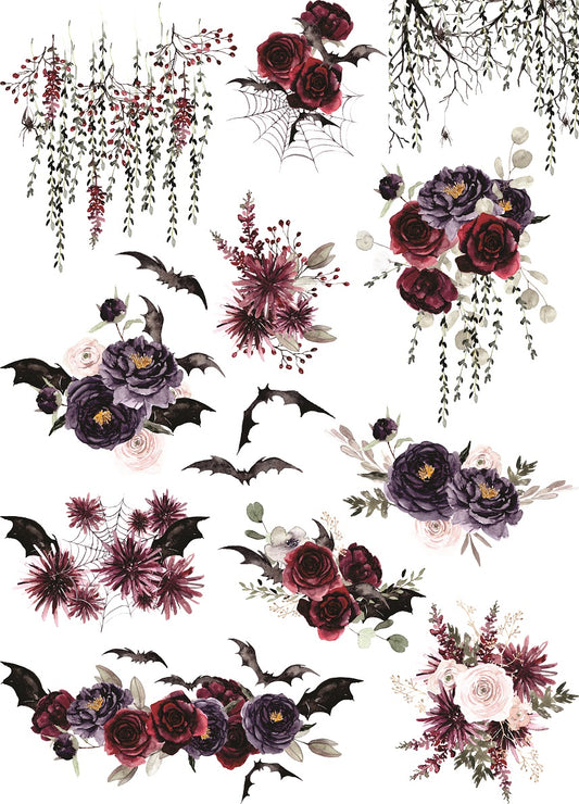 Romantic Halloween Rice Paper- 12 Unique Bouquet Images Printed on 36gsm