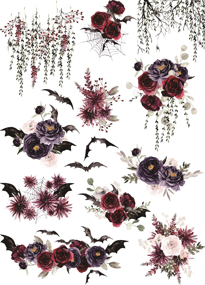 Romantic Halloween Rice Paper- 12 Unique Bouquet Images Printed on 36gsm