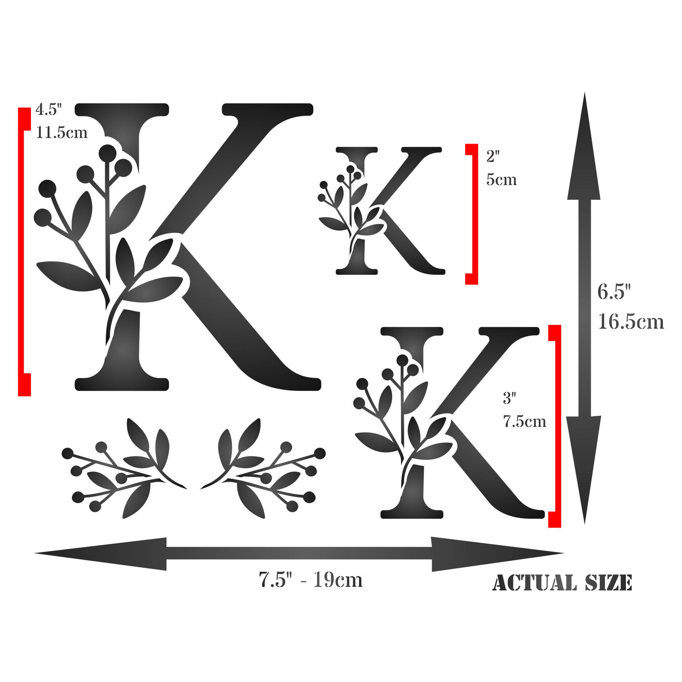 Flower Monogram K Stencil - Leaf Flower Initial 4.5 / 3 / 2 inch on One Sheet