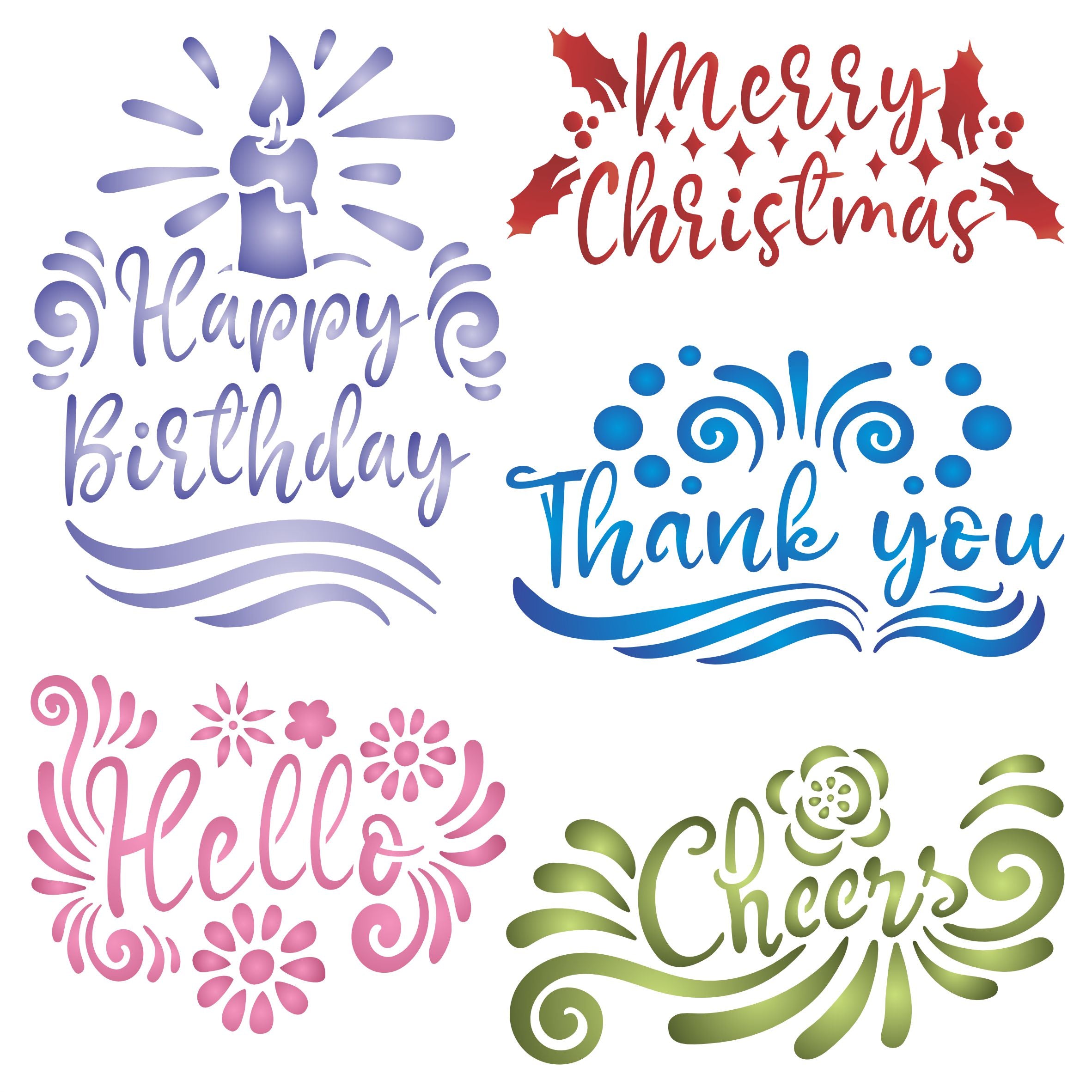 Greetings Stencil - Birthday Christmas Hello Cheers Thank You Greeting