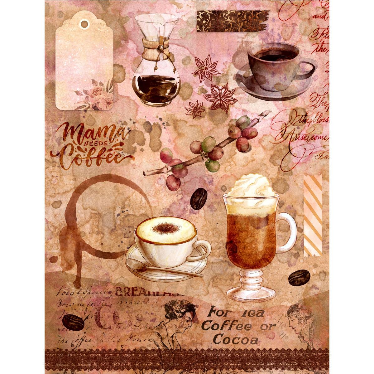 Coffee Decoupage Rice Paper, 20.32 x 26.67 cm - for Decoupage Scrapbooking Craft