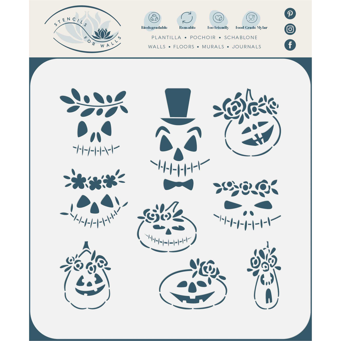 Pumpkin Faces Stencil - Halloween Pumpkin Face Flowers for Journals