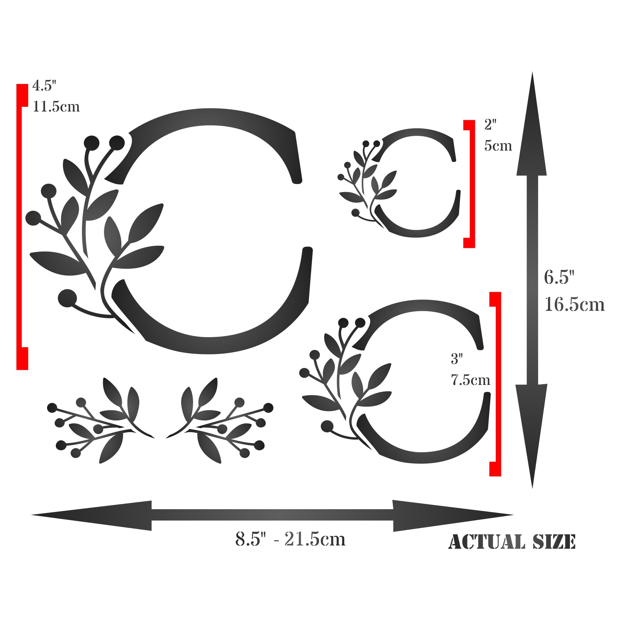 Flower Monogram C Stencil - Leaf Flower Initial 4.5 / 3 / 2 inch on One Sheet