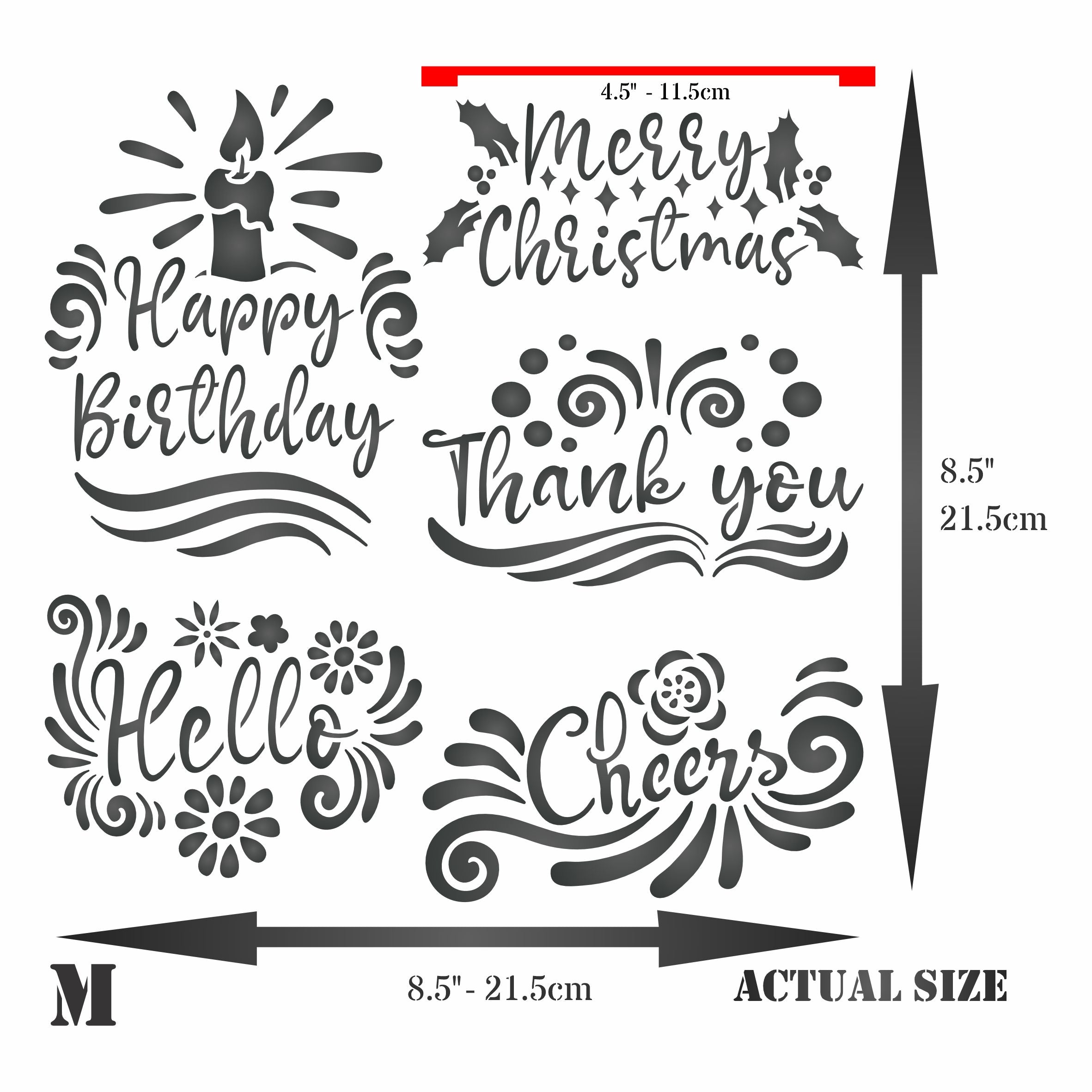 Greetings Stencil - Birthday Christmas Hello Cheers Thank You Greeting