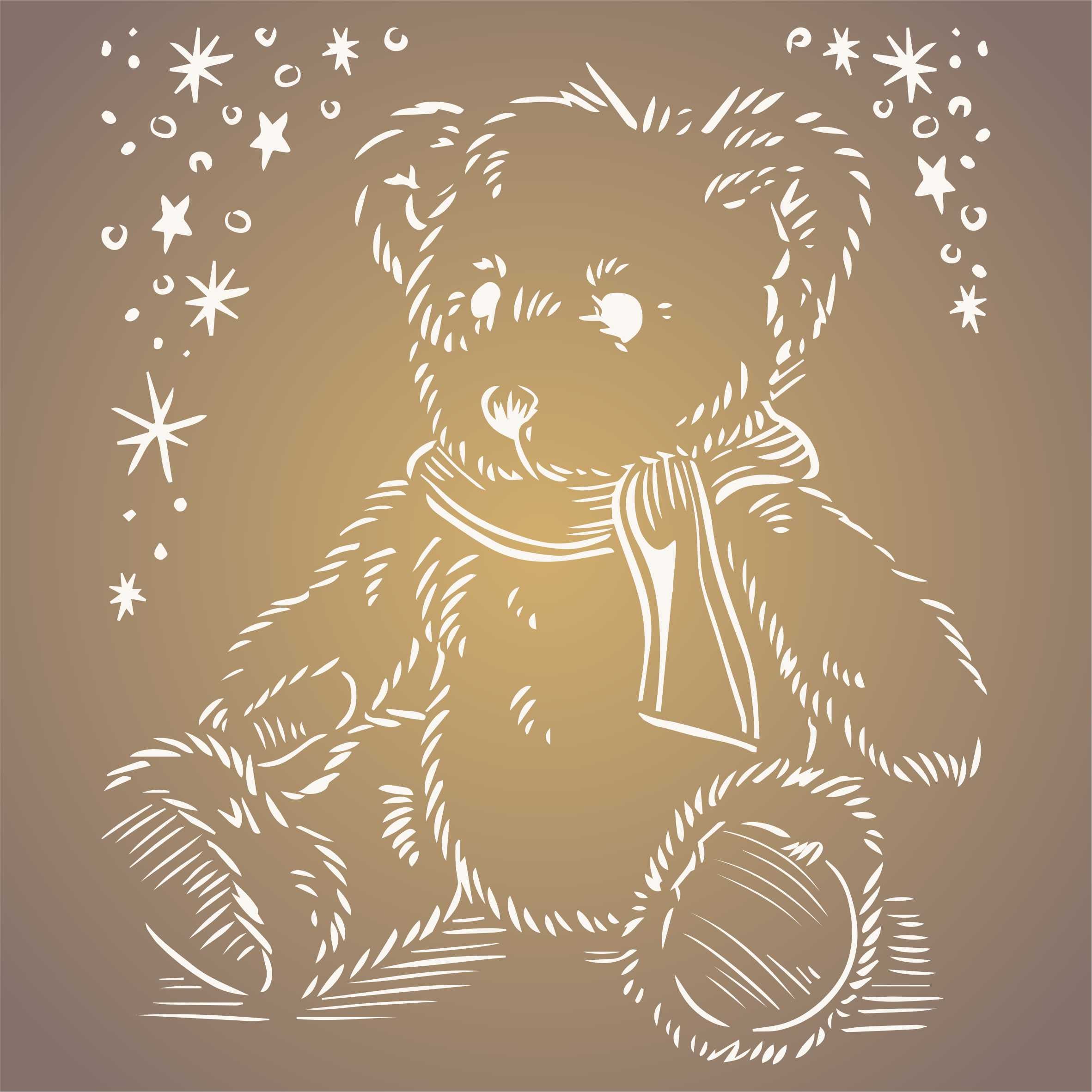 Teddy Bear Stencil - Fluffy Tatty Scruffy Teddy Scarf Stars Kids Childs