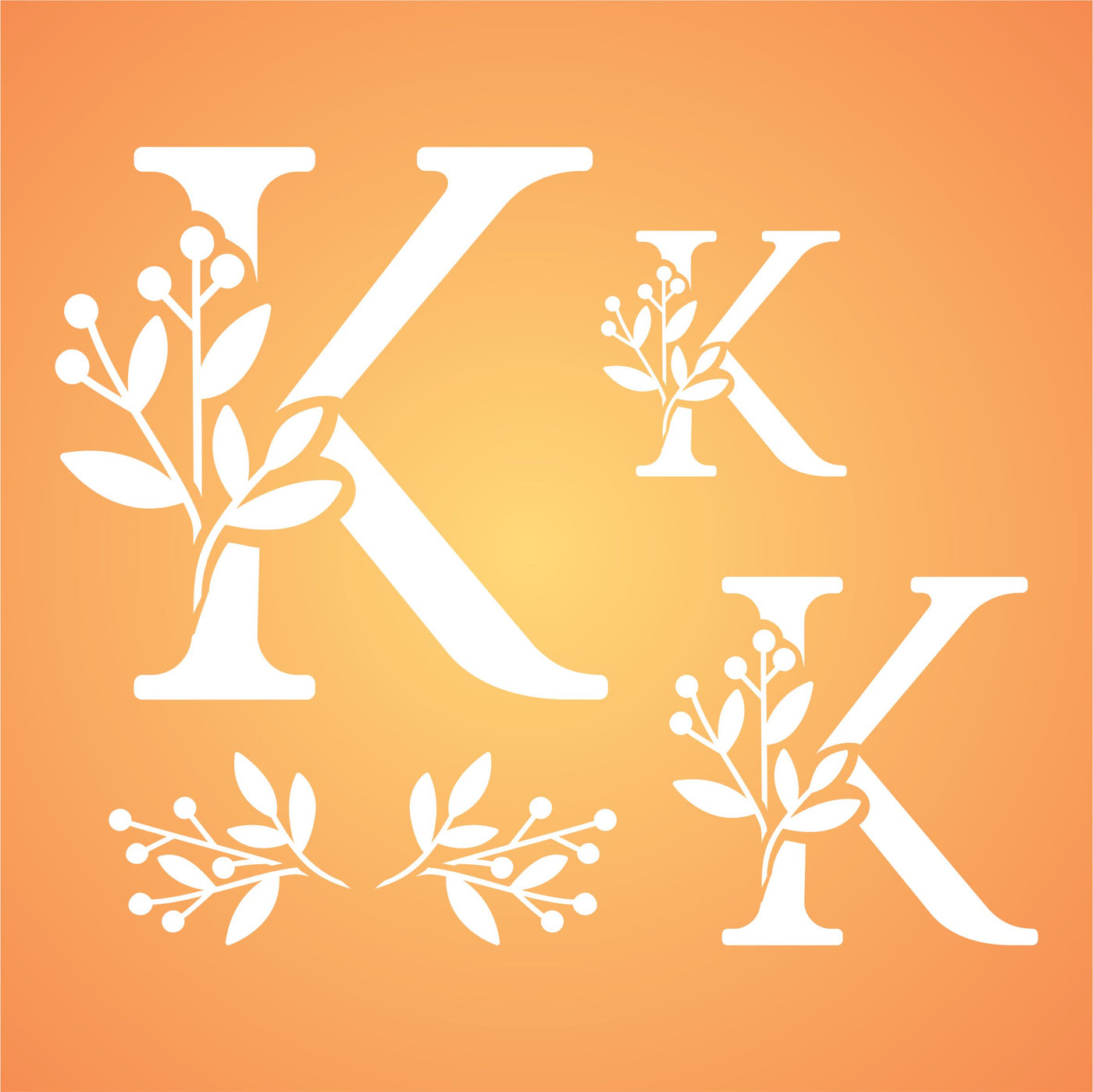 Flower Monogram K Stencil - Leaf Flower Initial 4.5 / 3 / 2 inch on One Sheet