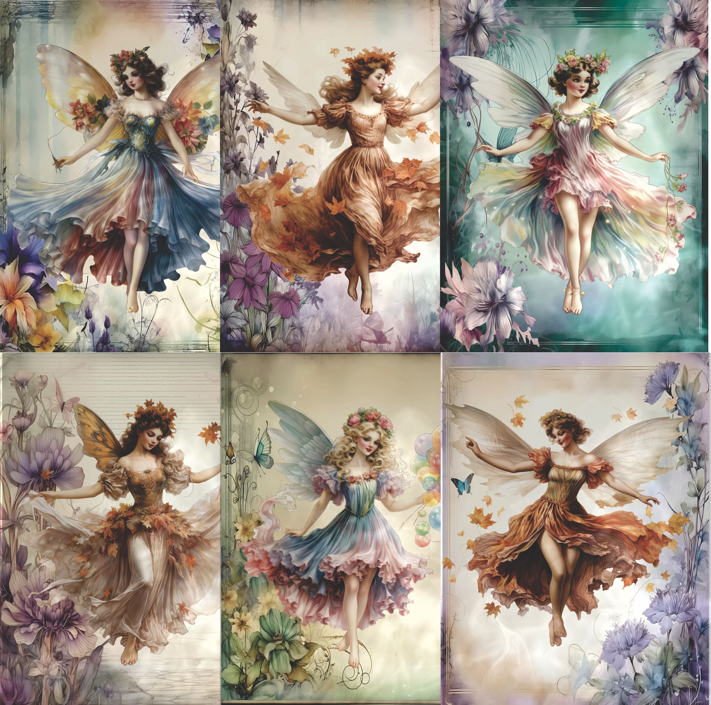 Vintage Fairies Rice Paper- 6 Unique Printed Mulberry Paper Pages 30gsm