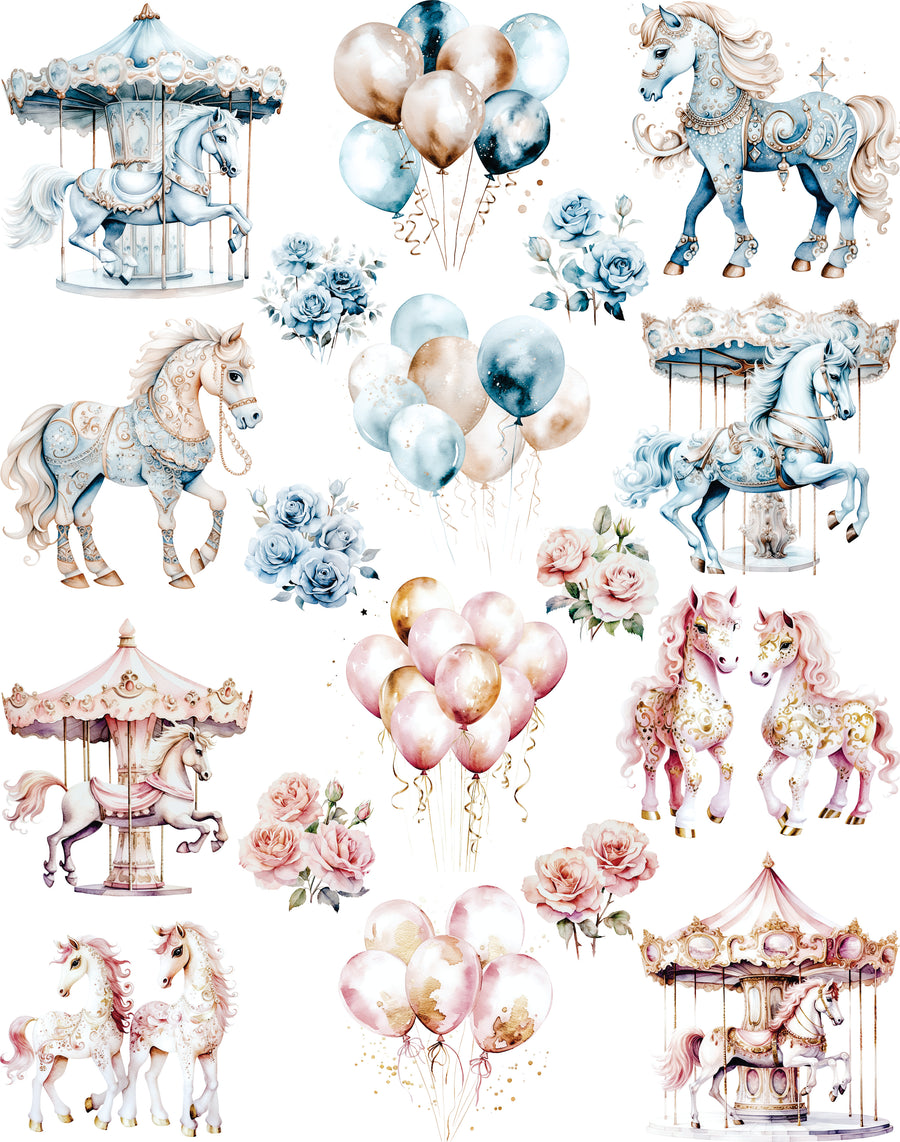 Carousel Horses Mulberry Rice Paper, 11.5 x 14.5 inch - Decoupage Scrapbook Cards Crafts