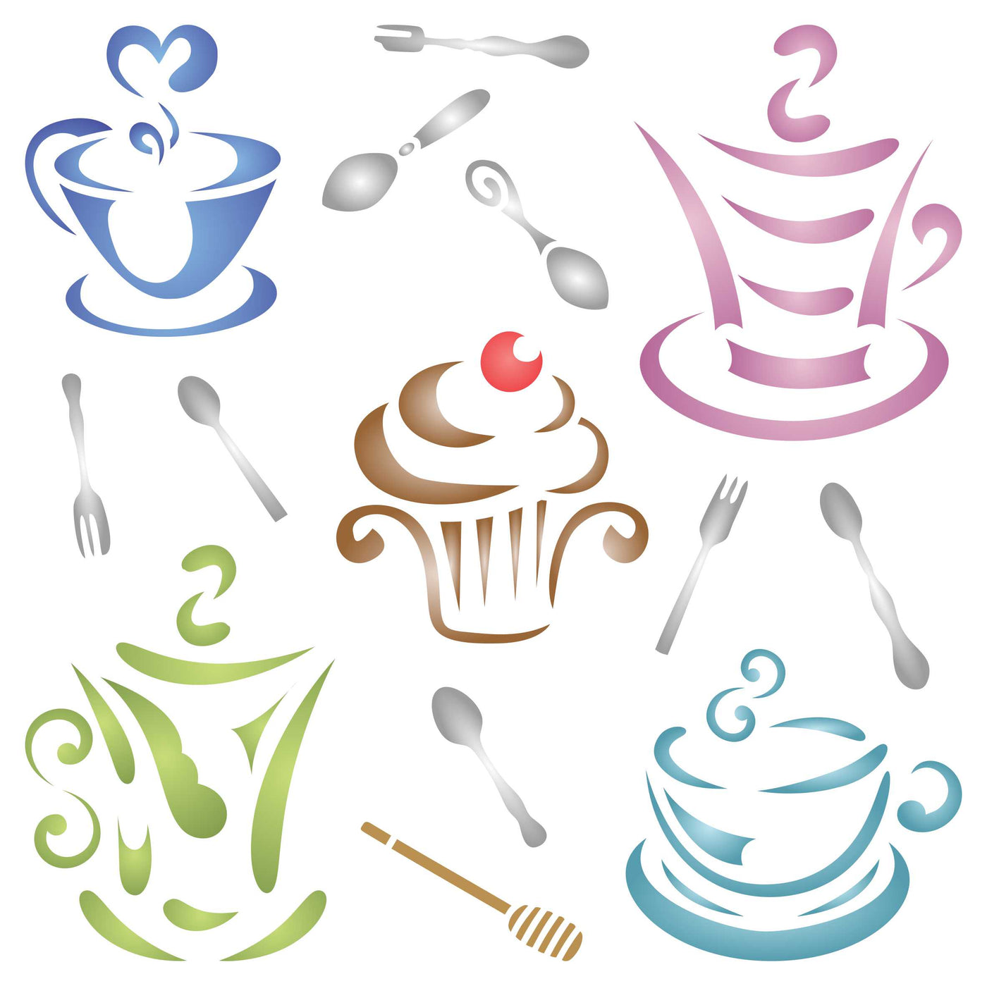 Coffee n Cake Stencil - Stylized Decorative Images Coffee Cup and Cupcake