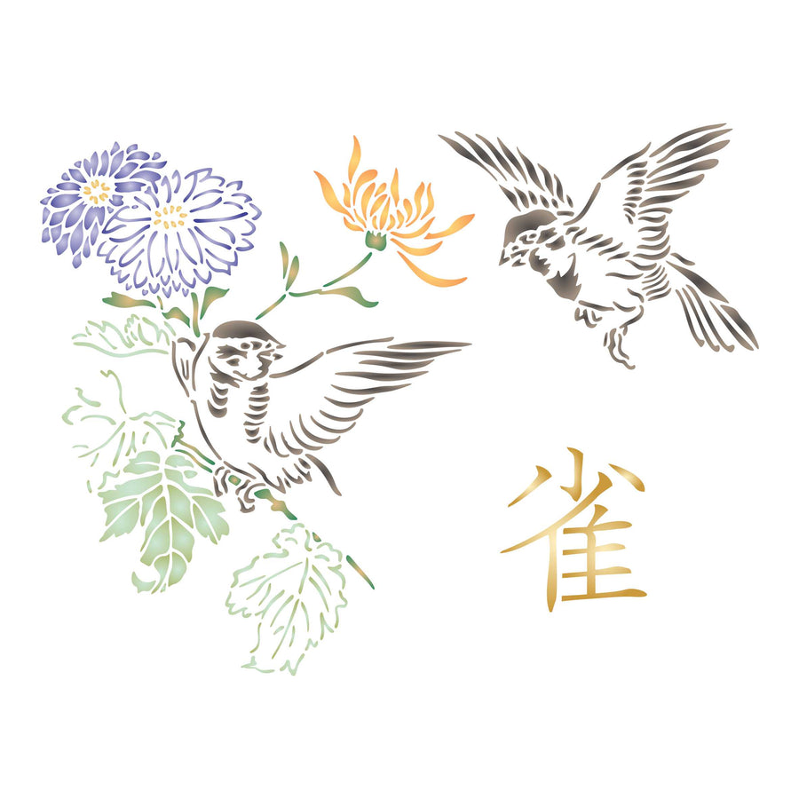 Squabbling Sparrows Stencil - Asian Oriental Flowers Birds Animal