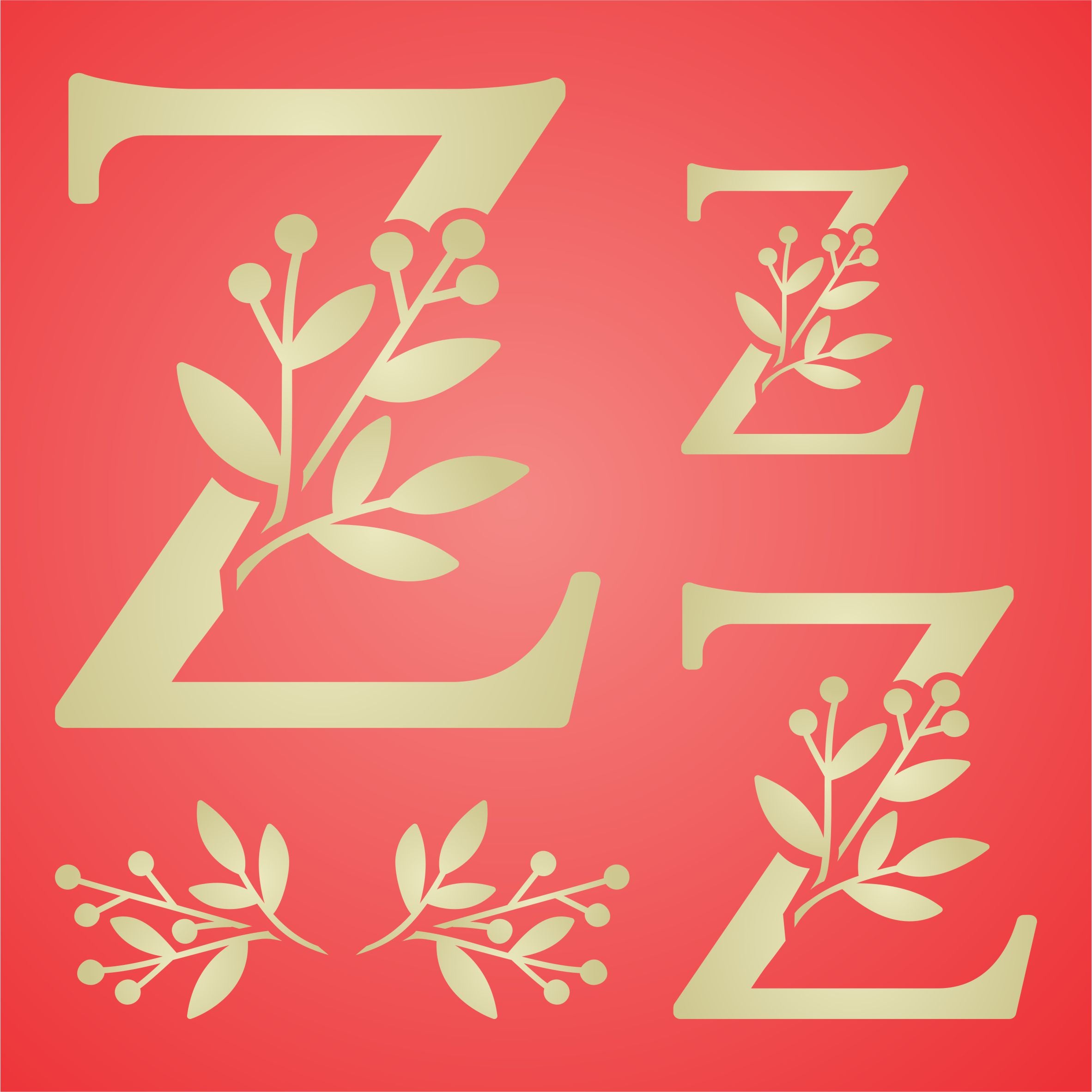 Flower Monogram Z Stencil - Leaf Flower Initial 4.5 / 3 / 2 inch on One Sheet