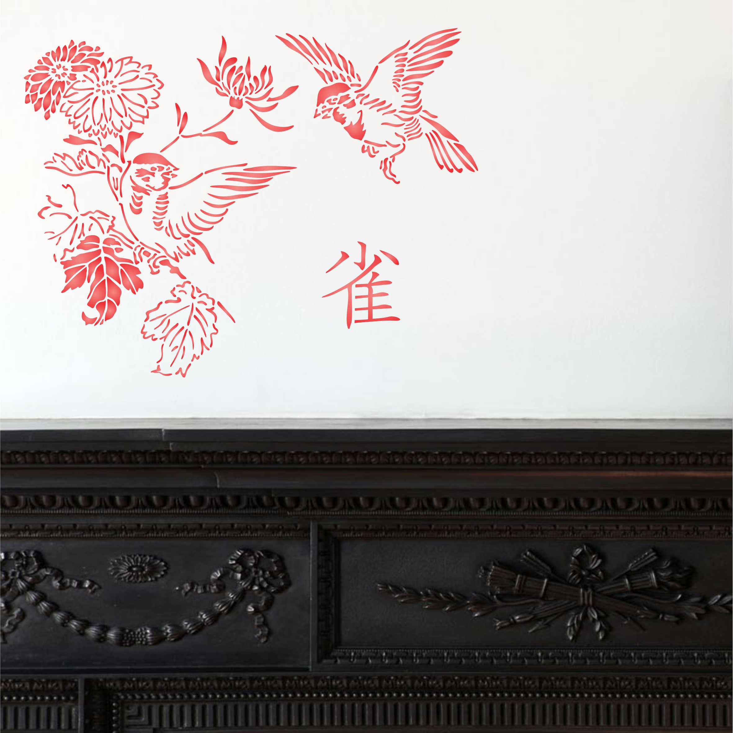 Squabbling Sparrows Stencil - Asian Oriental Flowers Birds Animal