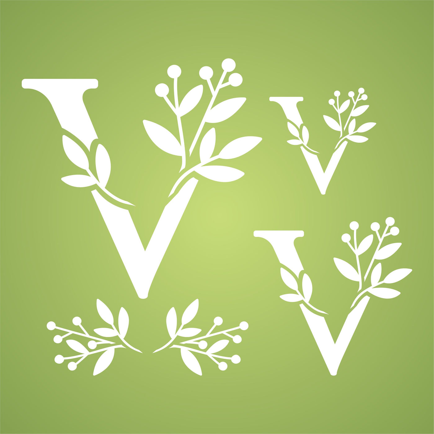 Flower Monogram V Stencil - Leaf Flower Initial 4.5 / 3 / 2 inch on One Sheet