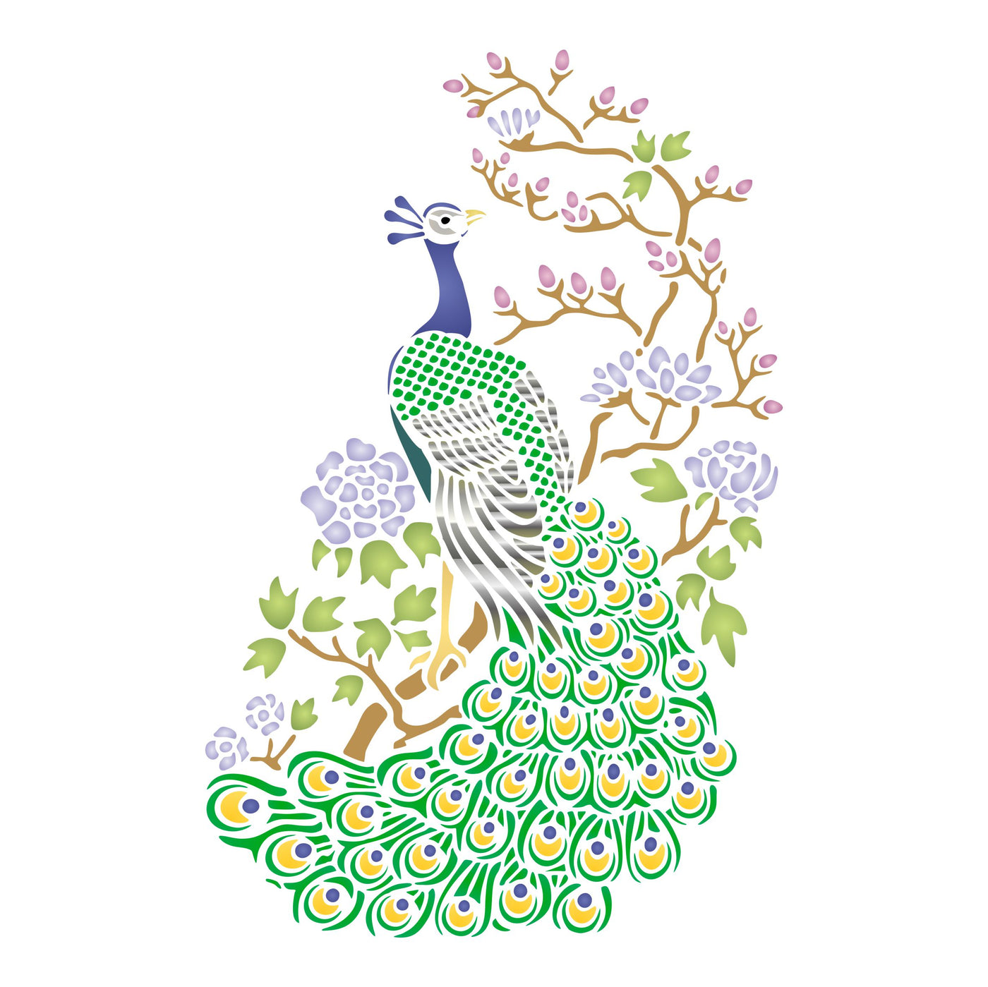 Oriental Peacock Stencil - Asian Peacock Bird and Flowering Tree