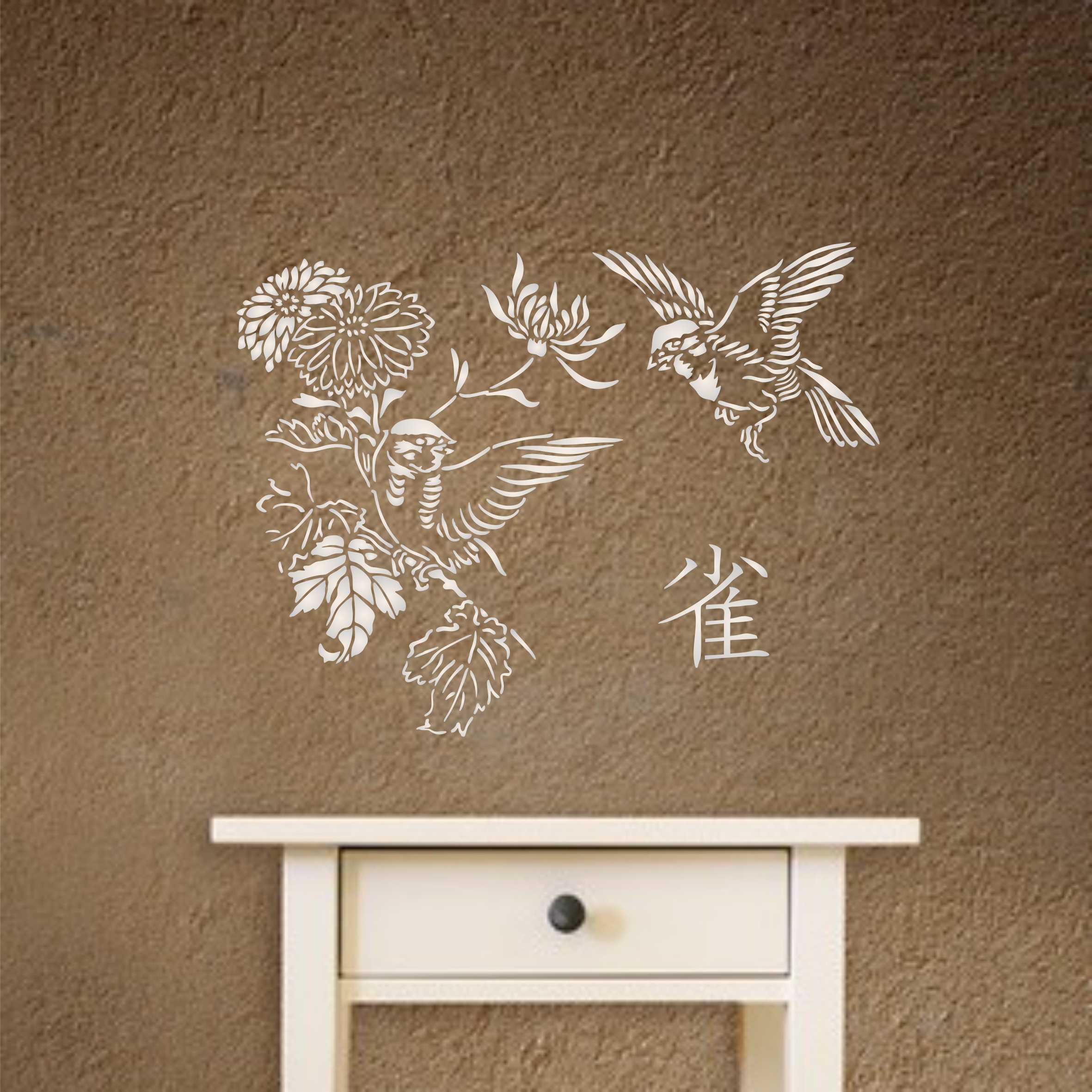 Squabbling Sparrows Stencil - Asian Oriental Flowers Birds Animal