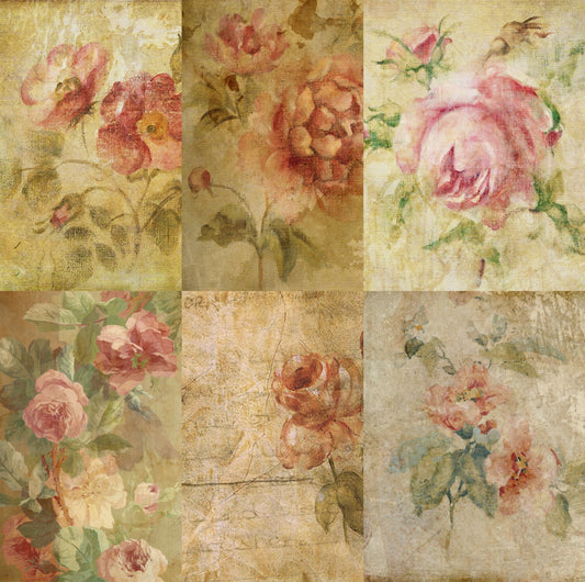 Victorian Floral Rice Paper- 6 Unique Printed Mulberry Paper Images 30gsm