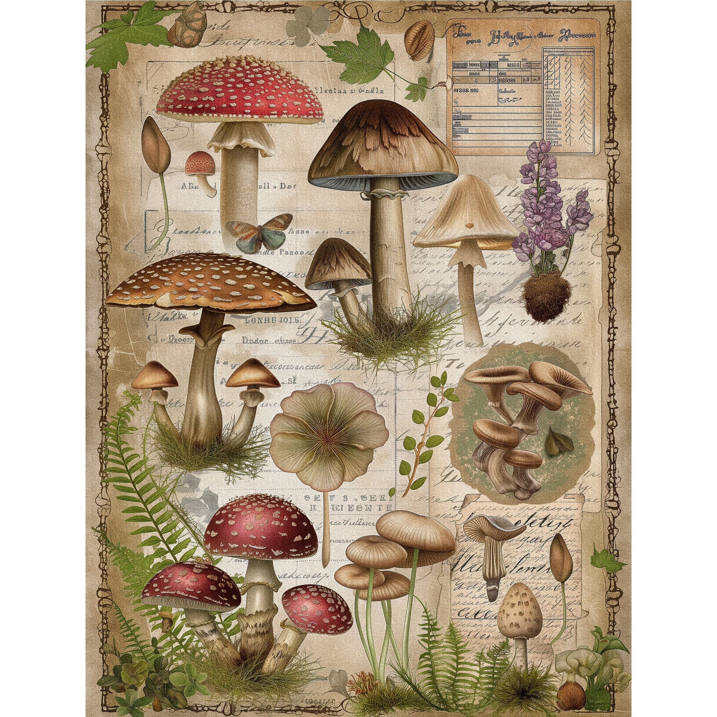 Mushrooms Decoupage Rice Paper, 8 x 10.5 inch - for Scrapbooking Cards Crafts