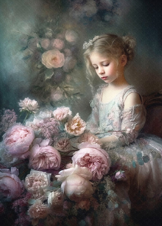 Girl with Flowers Rice Paper, 29.21 x 40.64 cm - for Decoupage Print Crafts