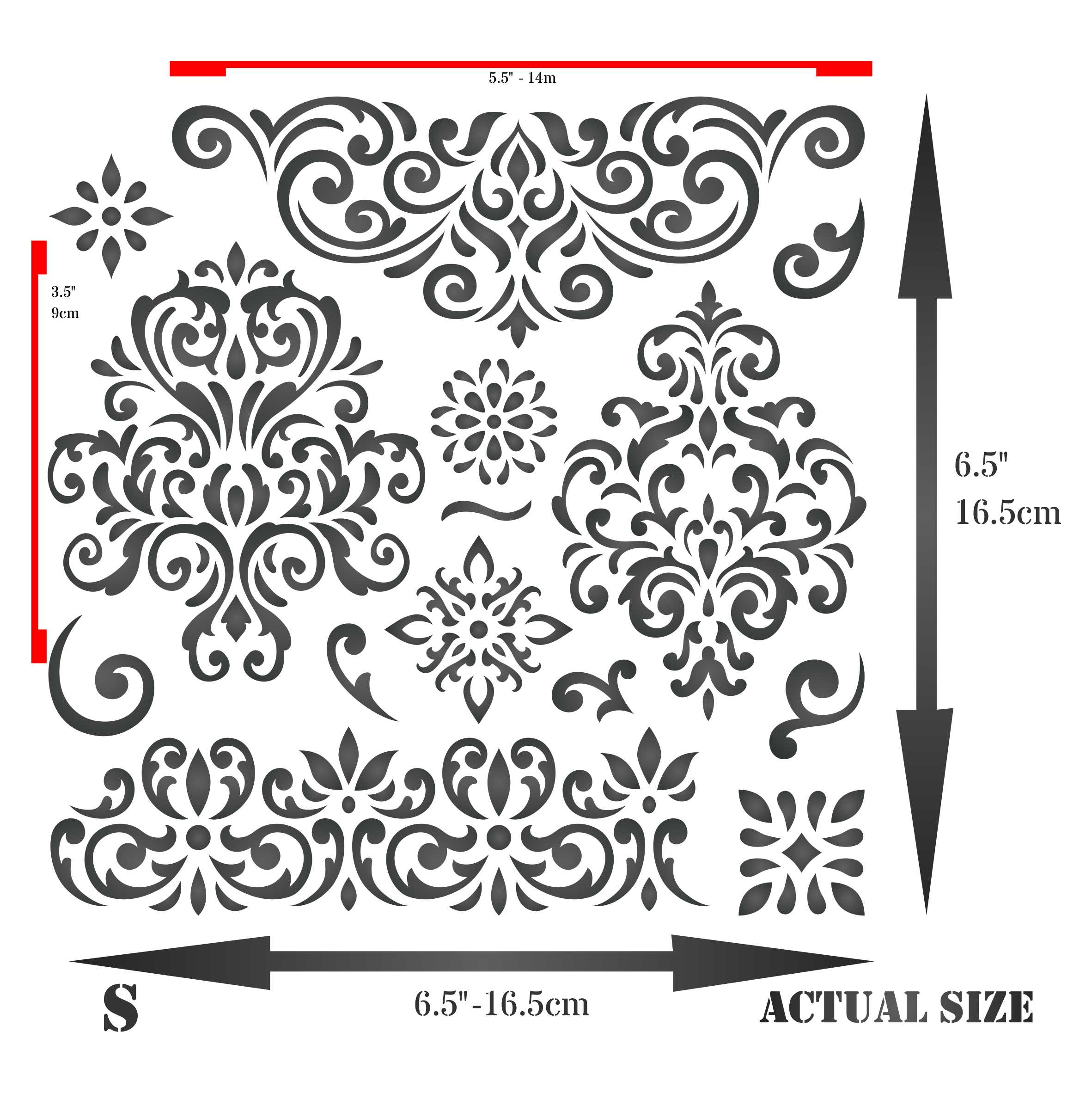 Damask Patterns Stencil - Vintage Flourish Scroll Element Damask Graphic