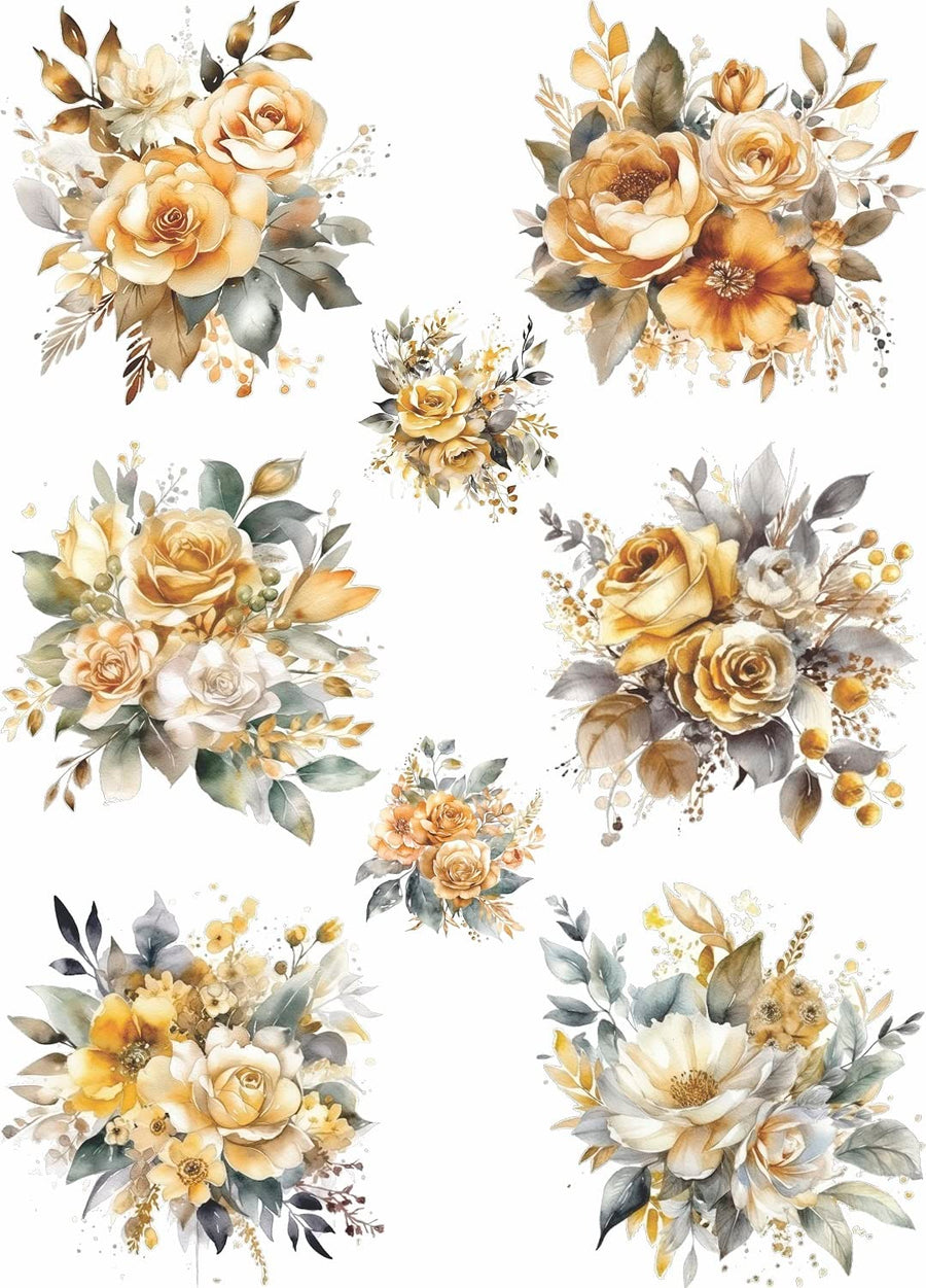 Gold Bouquet Rice Paper, 29.21 x 40.64 cm - 8 Unique Bouquet Images Printed on 36gsm Mulberry Paper Visible Fibres for Decoupage Furniture Renovation Crafts.