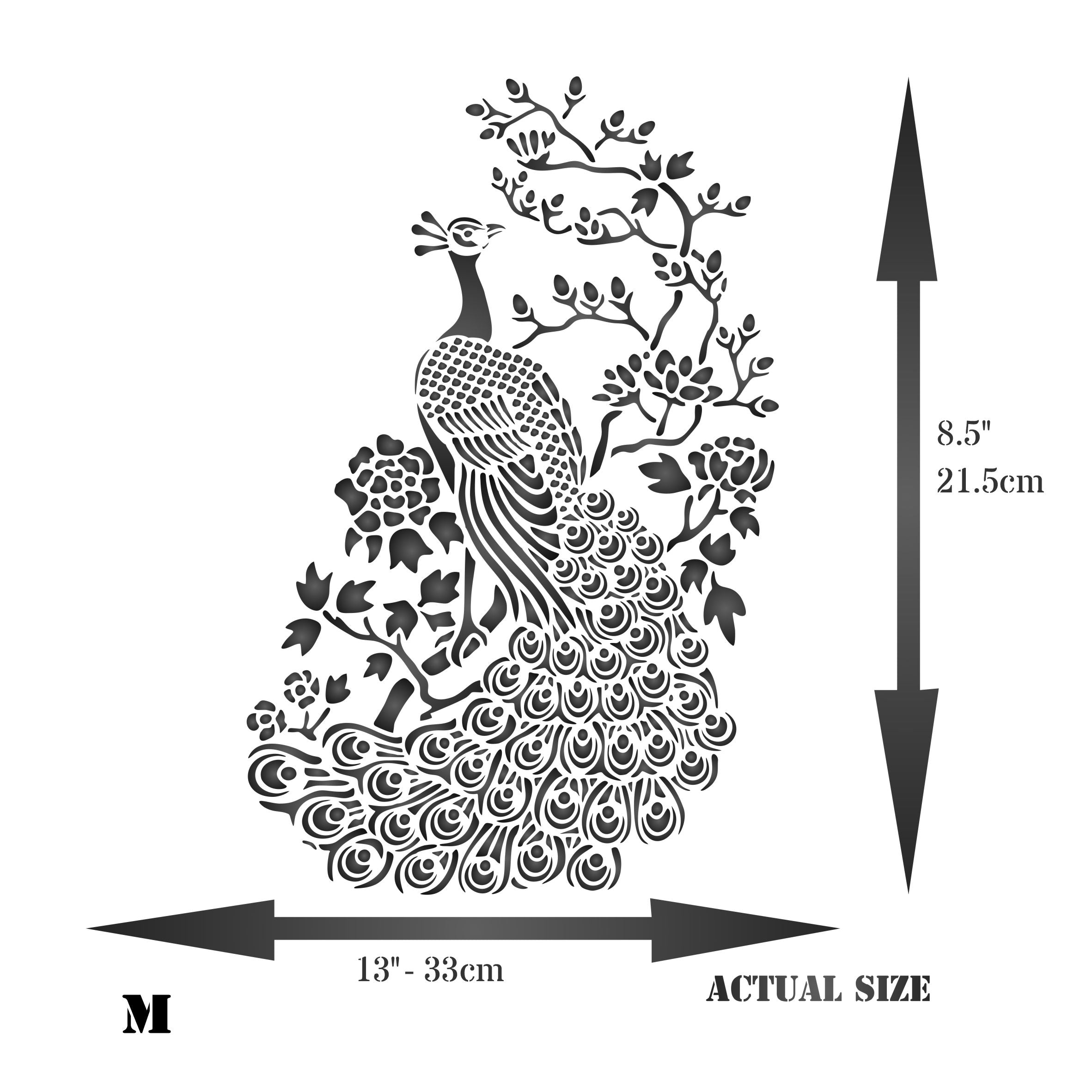 Oriental Peacock Stencil - Asian Peacock Bird and Flowering Tree