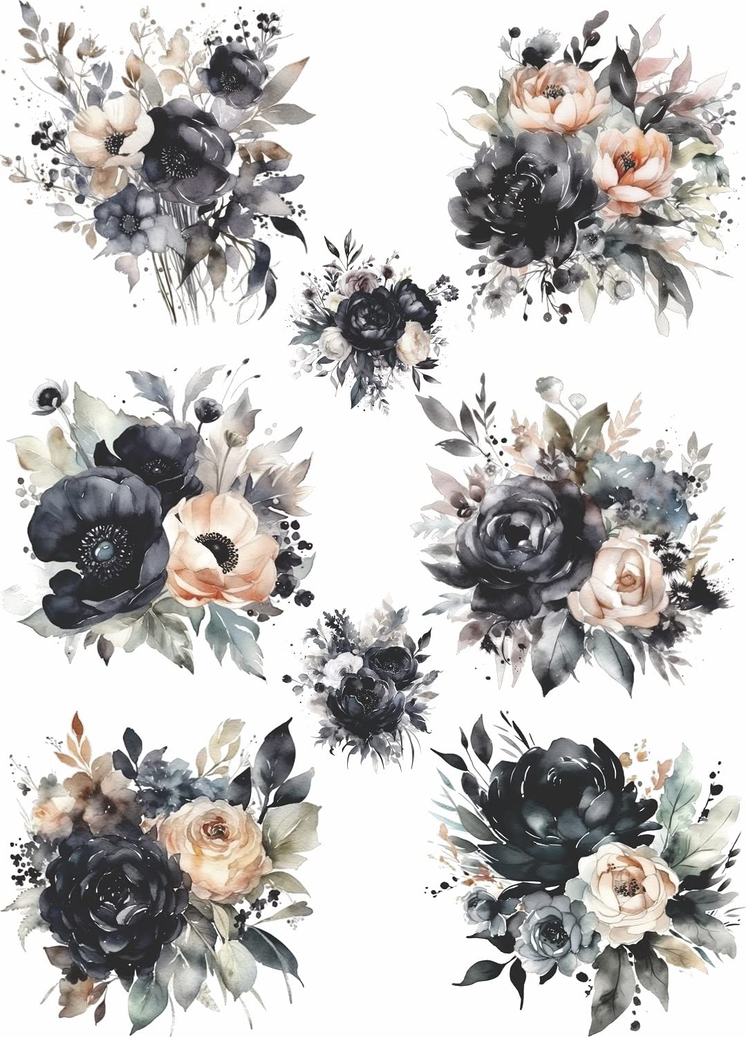 Black Bouquet Rice Paper, 29.21 x 40.64 cm - 8 Unique Bouquet Images Printed on 36gsm Mulberry Paper Visible Fibres for Decoupage Furniture Renovation Crafts.